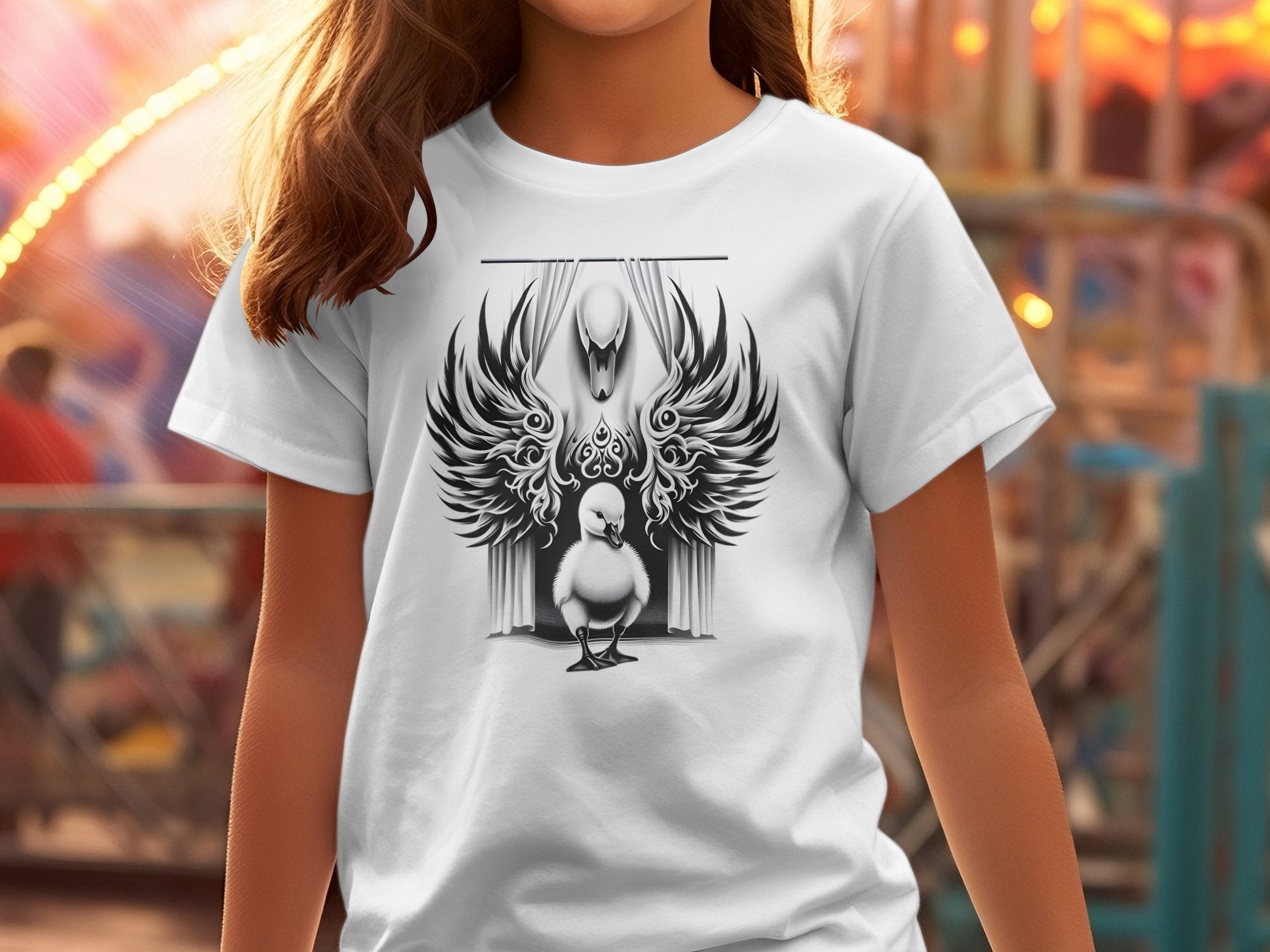 Swan & Cygnet- Black White Gildan Kids T-Shirt Realistic Family Talisman Unisex Tee Graphic Design