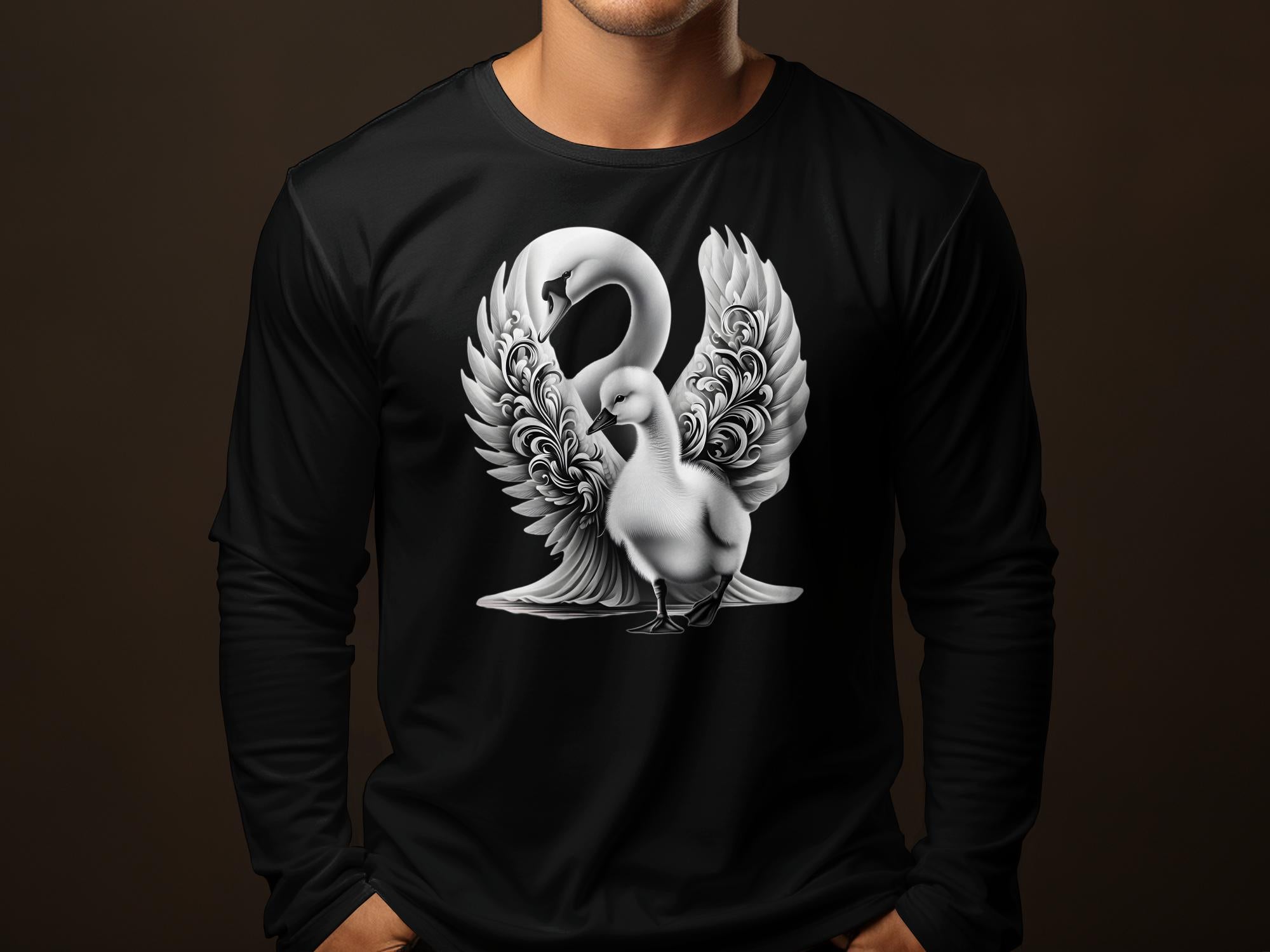 Swan & Cygnet- Black White Gildan Long Sleeve Realistic Family Talisman Unisex Tee Graphic Design