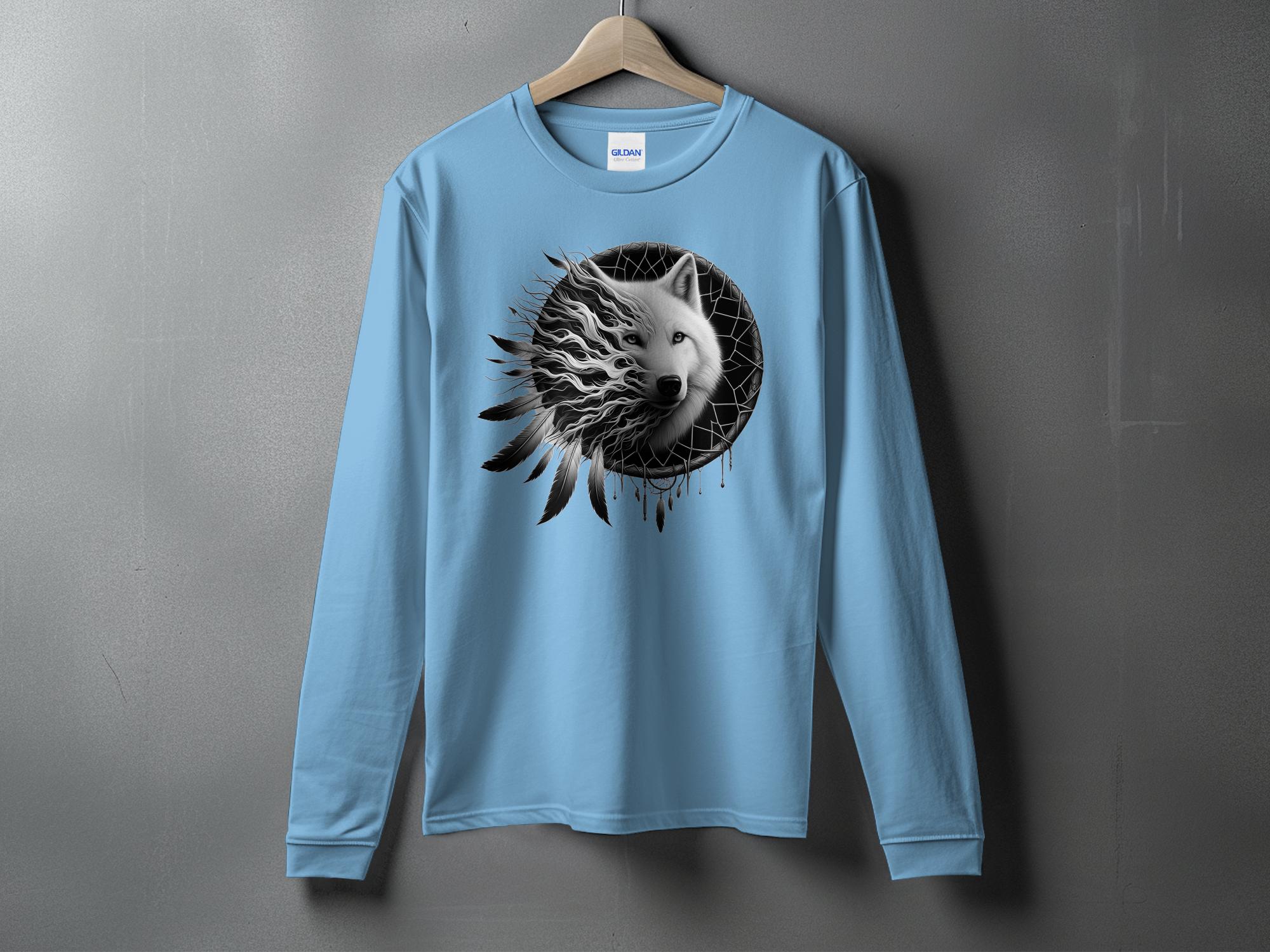 Dreamcatcher Wolf - Coloured Gildan Long Sleeve Realistic Native American Talisman Unisex Mythology Tee Graphic Design