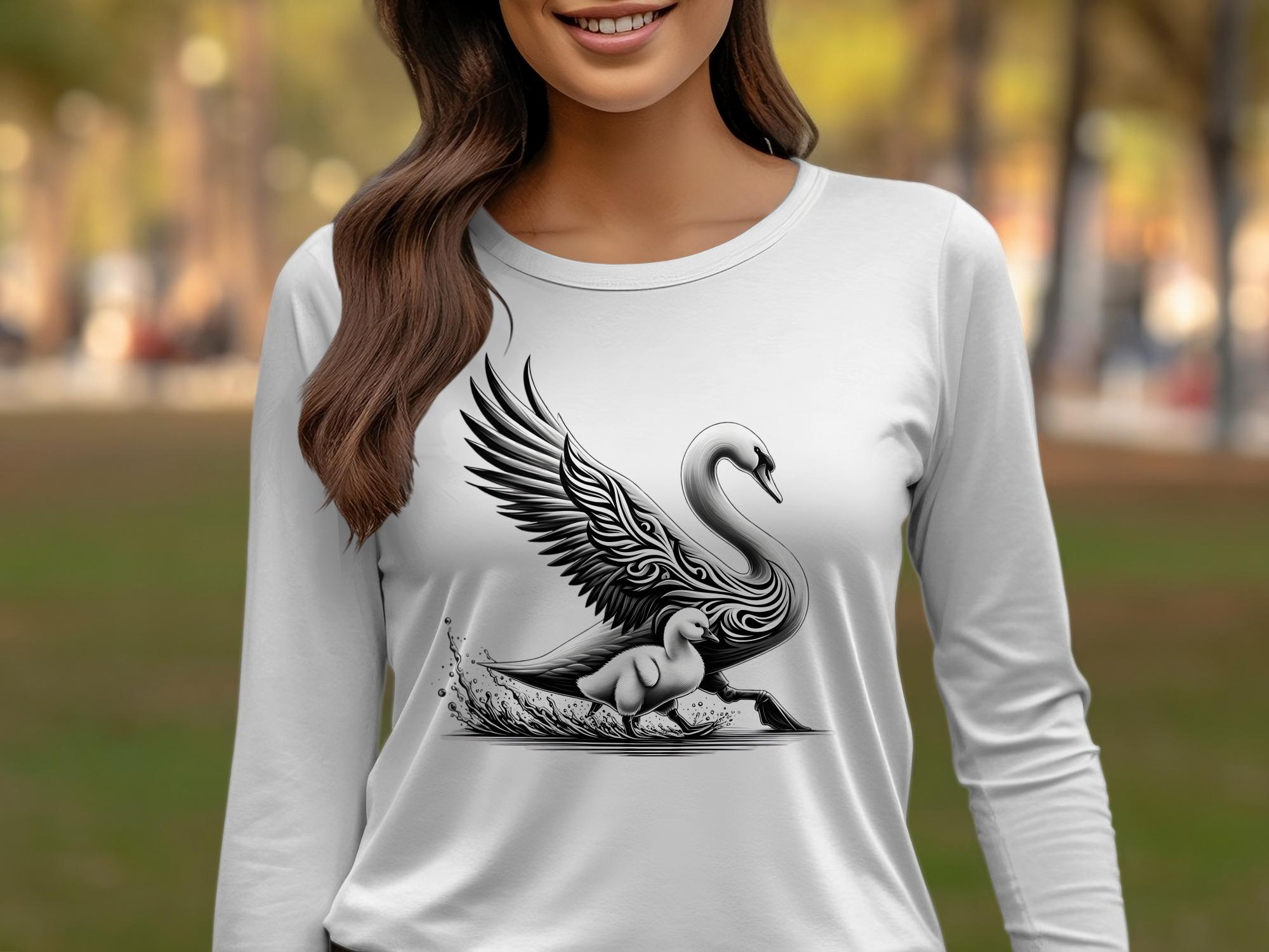 Swan & Cygnet- Black White Gildan Long Sleeve Realistic Family Talisman Unisex Tee Graphic Design