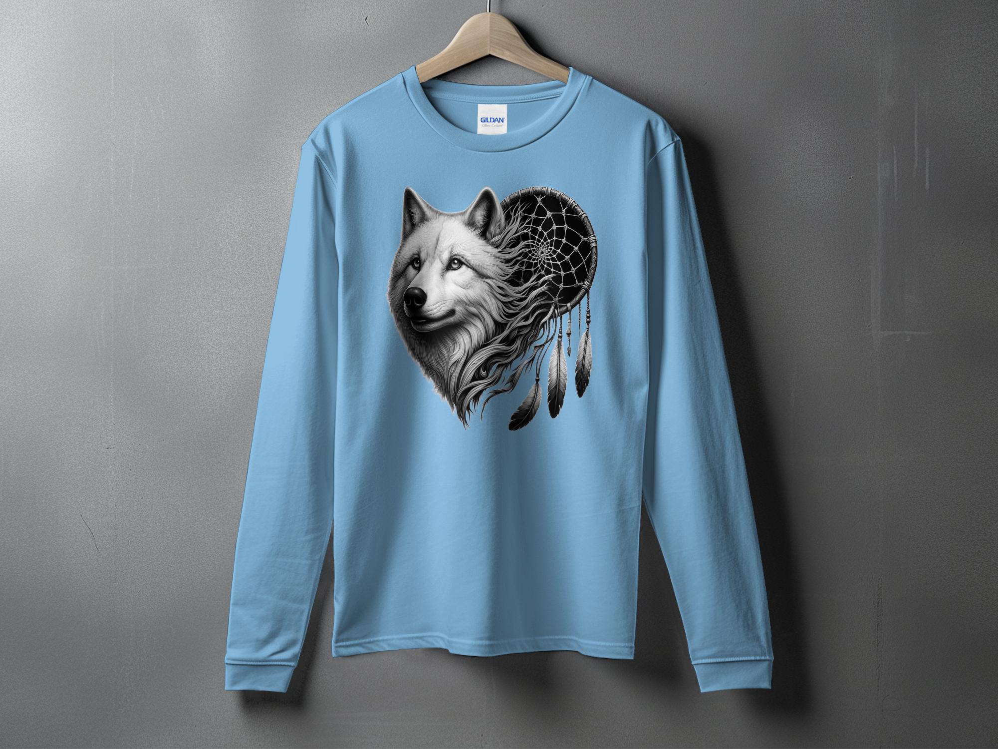 Dreamcatcher Wolf - Coloured Gildan Long Sleeve Realistic Native American Talisman Unisex Mythology Tee Graphic Design