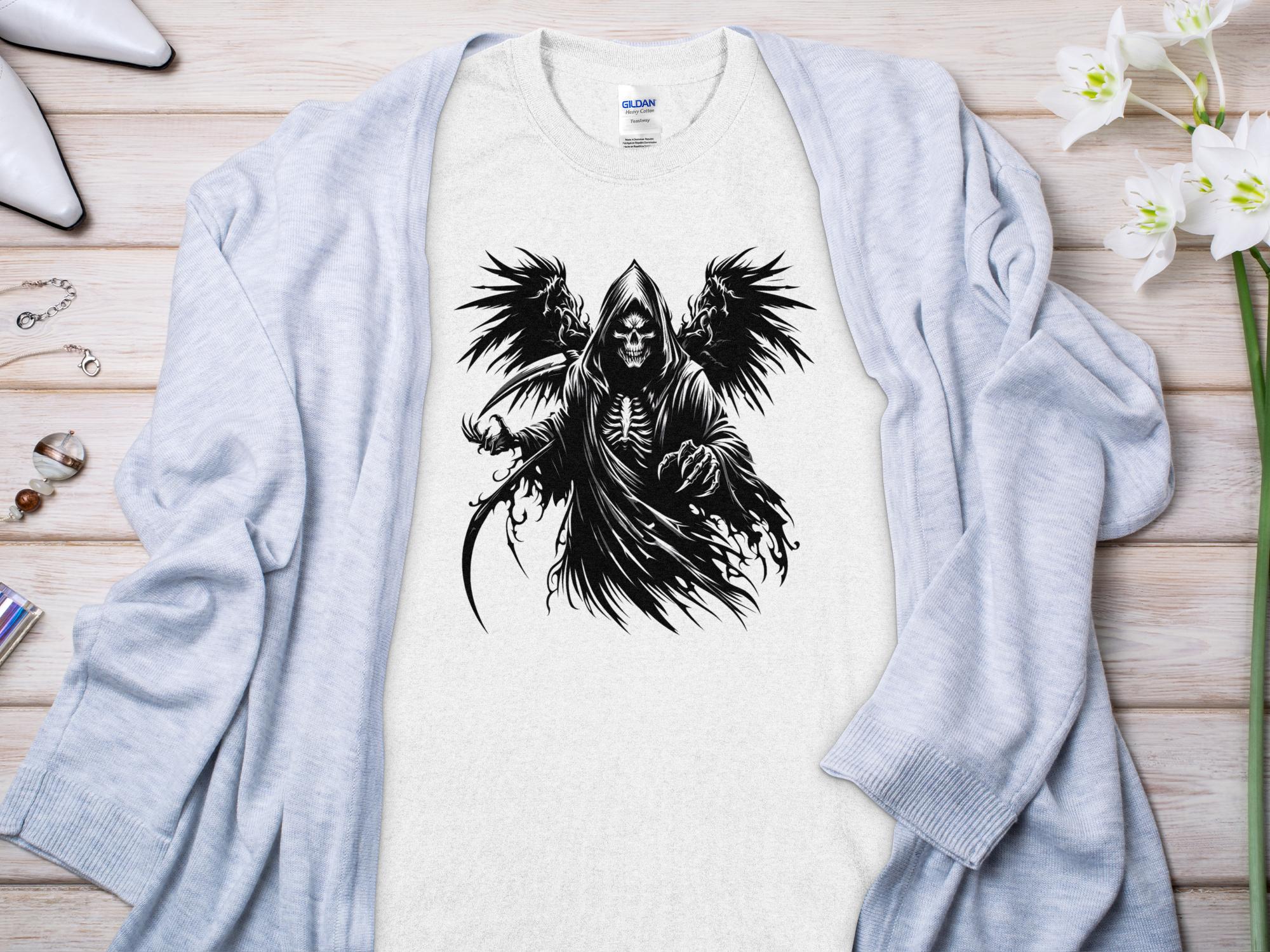 Grim Reaper - Black White Gildan T-Shirt Commemorative Talisman Unisex Tee Graphic Design