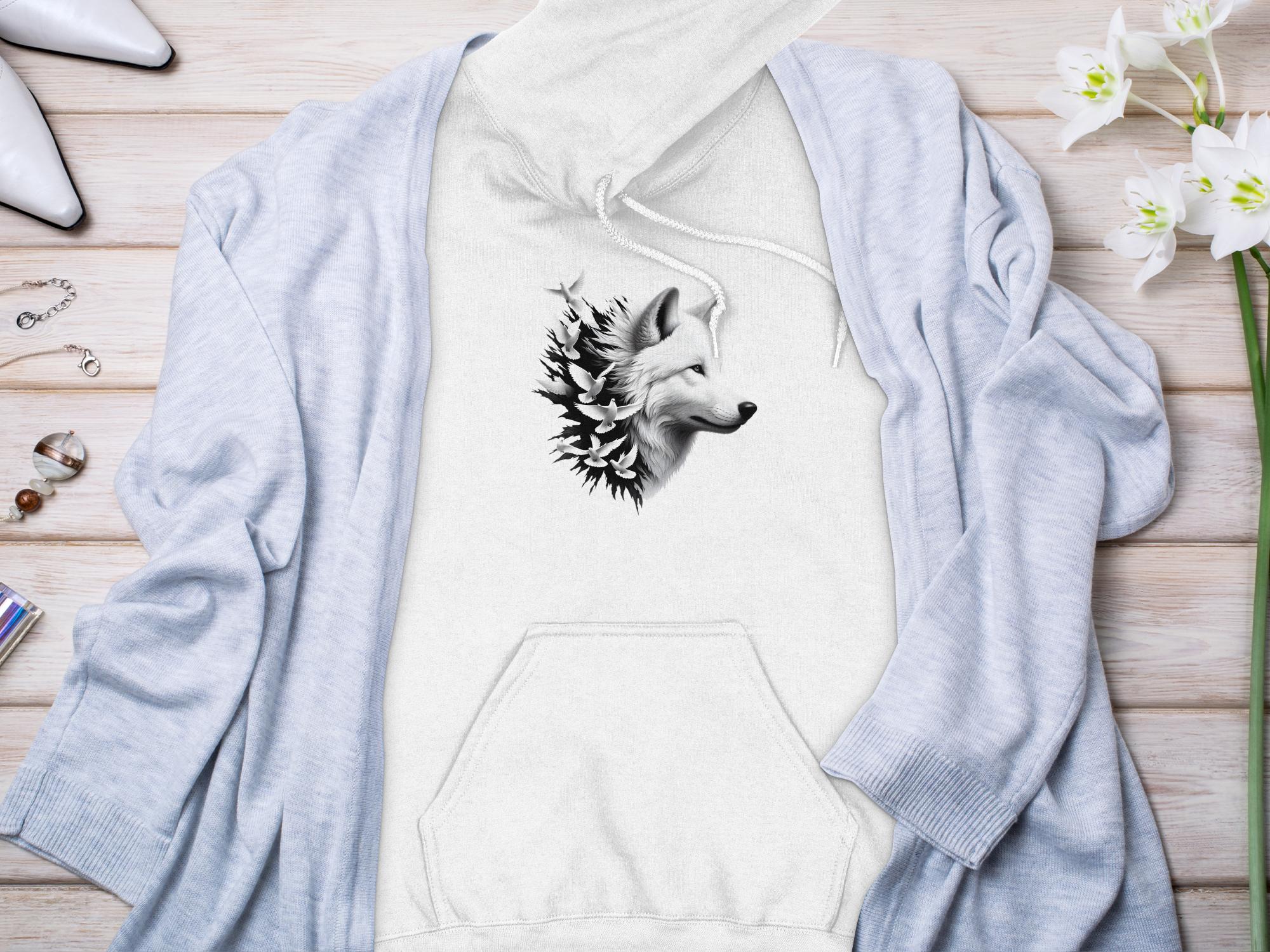 Wolf x Doves - Black White Gildan Hoodie Realistic Animal Talisman Unisex Tee Graphic Design