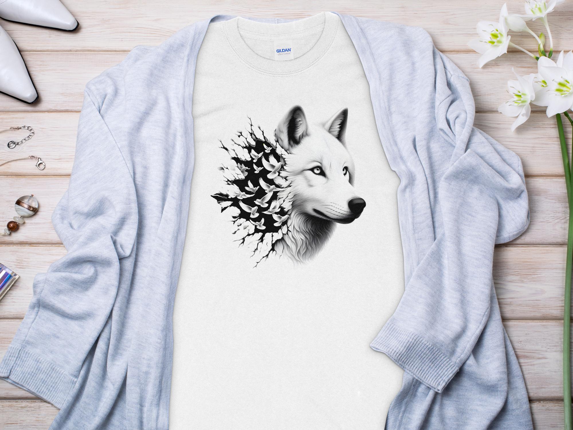 Wolf x Doves - Black White Gildan Long Sleeve Realistic Animal Talisman Unisex Tee Graphic Design