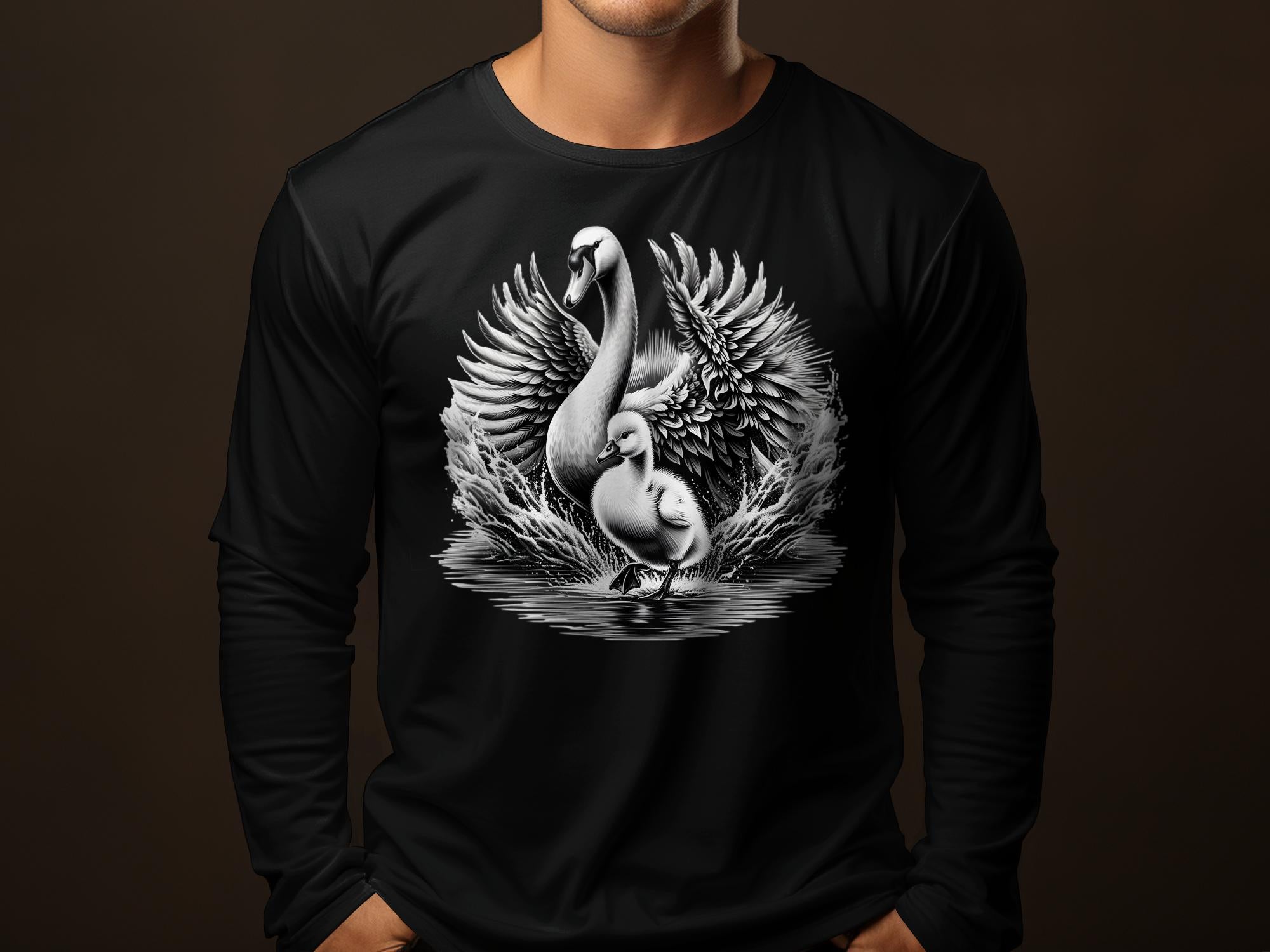 Swan & Cygnet- Black White Gildan Long Sleeve Realistic Family Talisman Unisex Tee Graphic Design