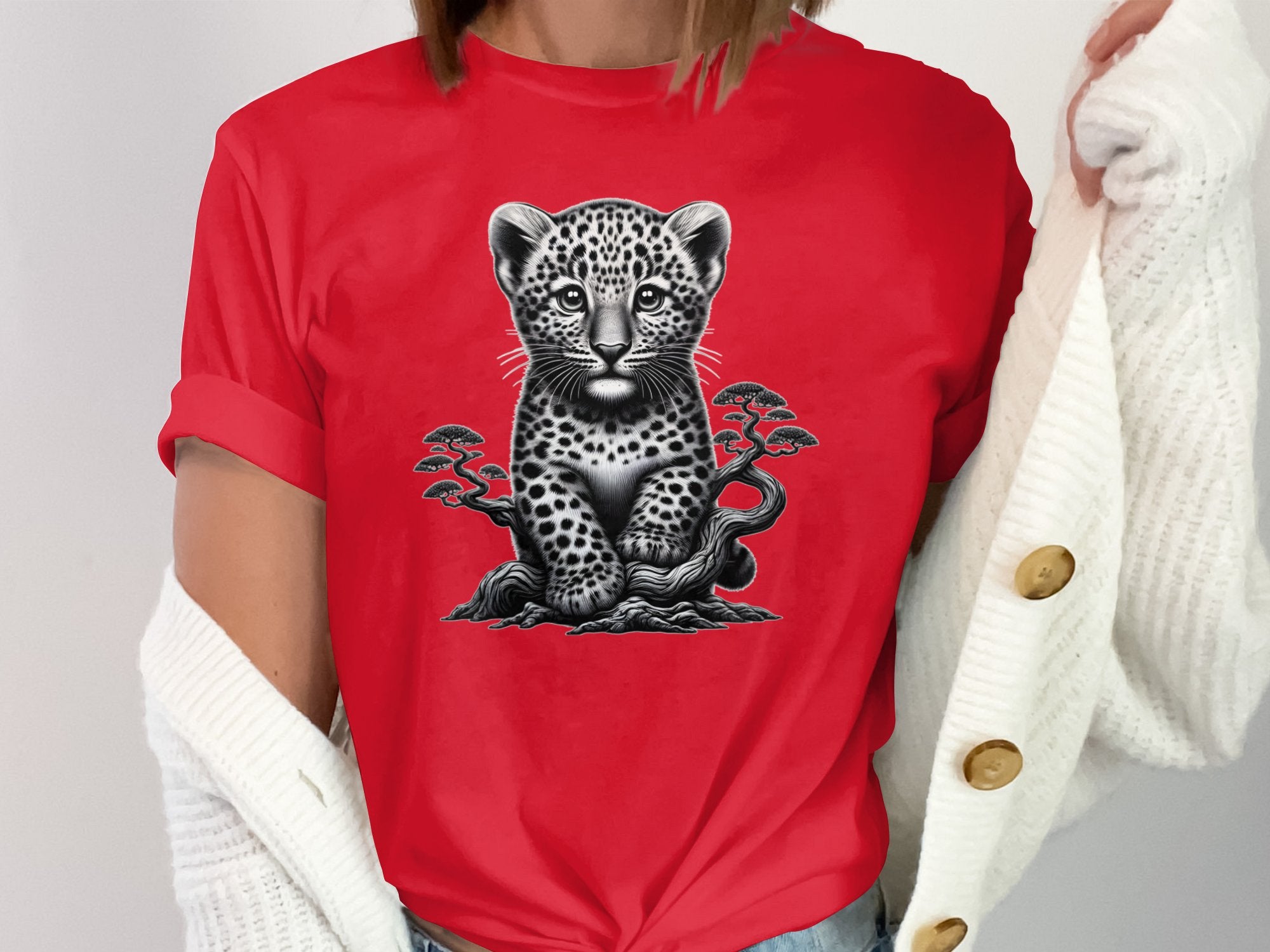 Leopard Bonsai - Coloured Gildan T-Shirt Realistic Animal Talisman Unisex Cute Tee Graphic Design