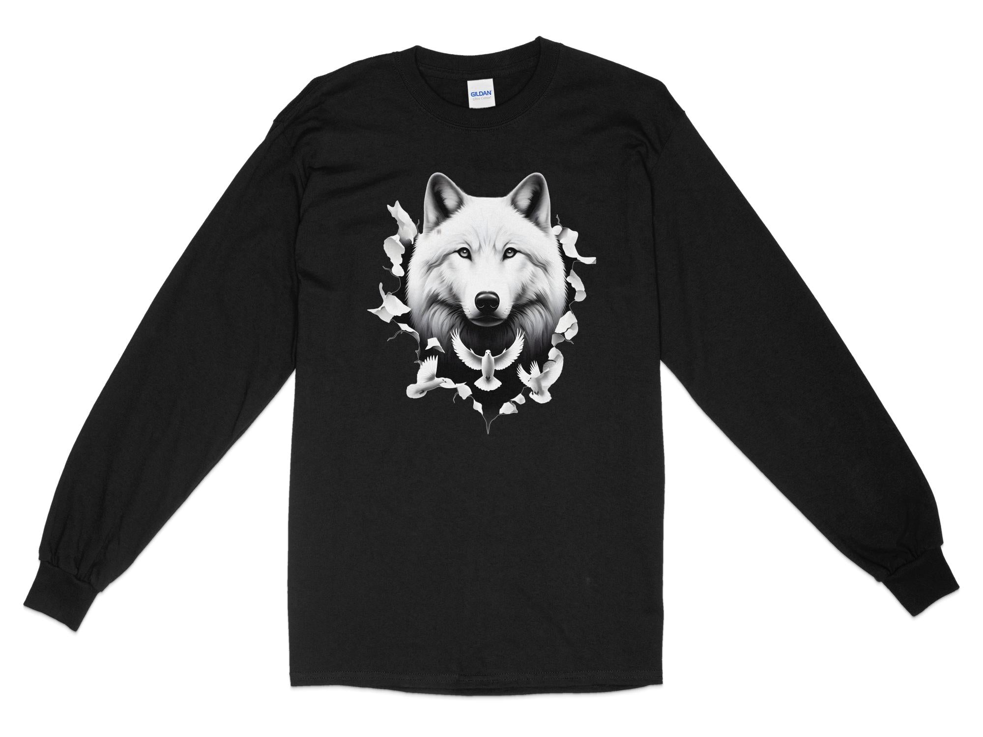 Wolf x Doves - Black White Gildan Long Sleeve Realistic Animal Talisman Unisex Tee Graphic Design