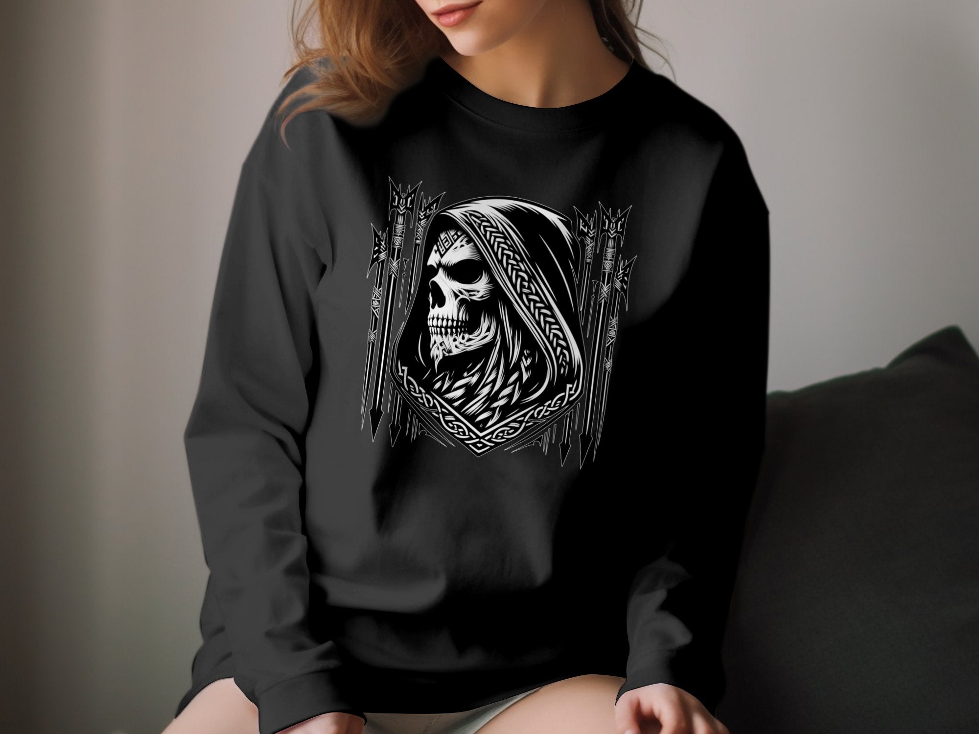 Grim Reaper - Black White Gildan Long Sleeve Commemorative Talisman Unisex Tee Graphic Design