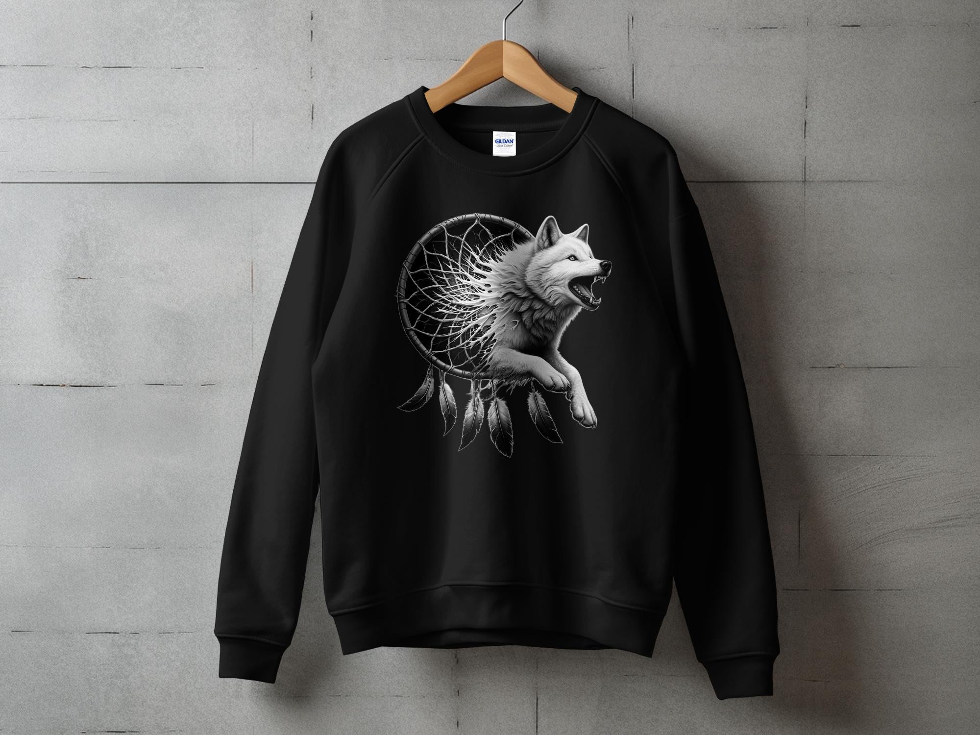 Dreamcatcher Wolf - Coloured Gildan Sweatshirt Realistic Native American Talisman Unisex Mythology Tee Graphic Design