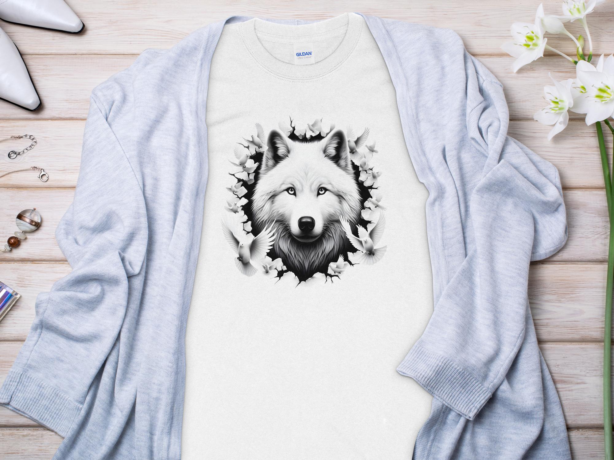 Wolf x Doves - Black White Gildan Long Sleeve Realistic Animal Talisman Unisex Tee Graphic Design