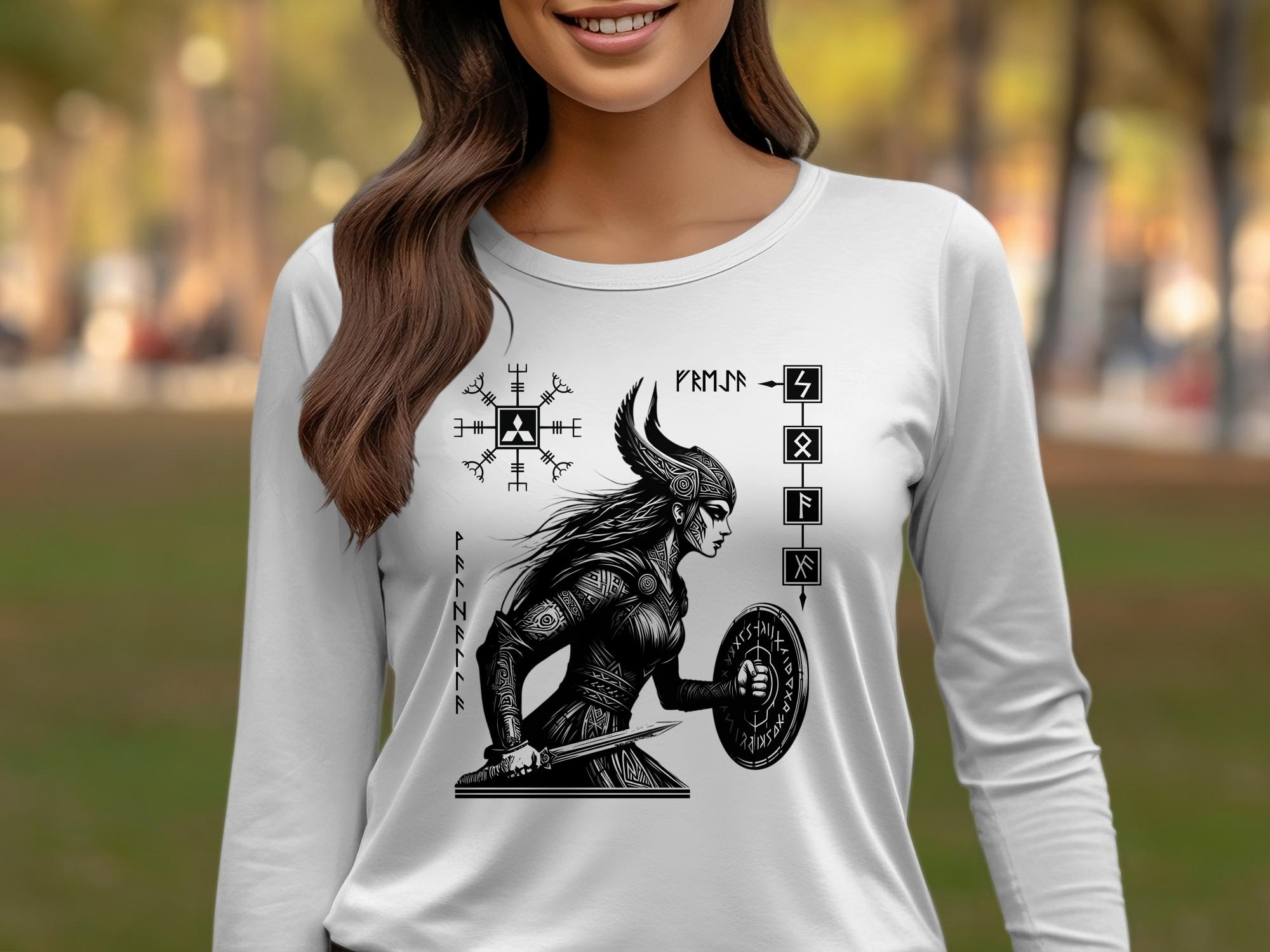 Viking Shield Maiden - Coloured Gildan Long Sleeve Realistic Norse Talisman Men Women Unisex Valhalla Tee Graphic Design