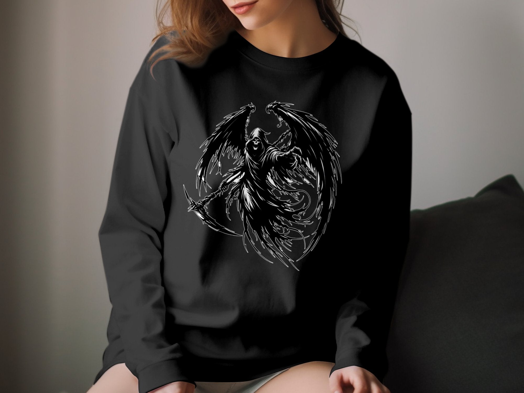 Grim Reaper - Black White Gildan Long Sleeve Commemorative Talisman Unisex Tee Graphic Design