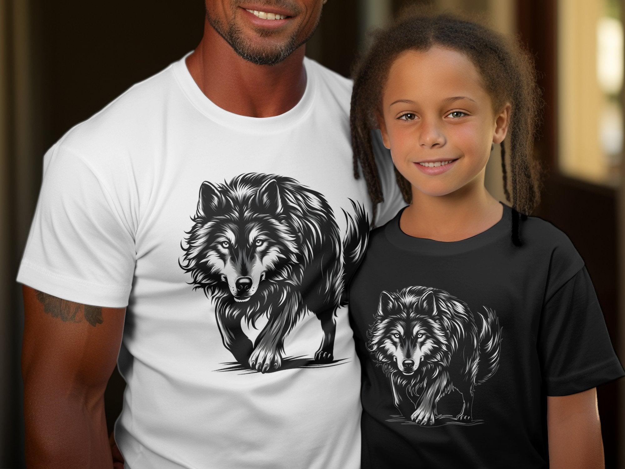 Wolf Tribal - Black White Gildan Kids T-Shirt Realistic Animal Talisman Unisex Tee Graphic Design