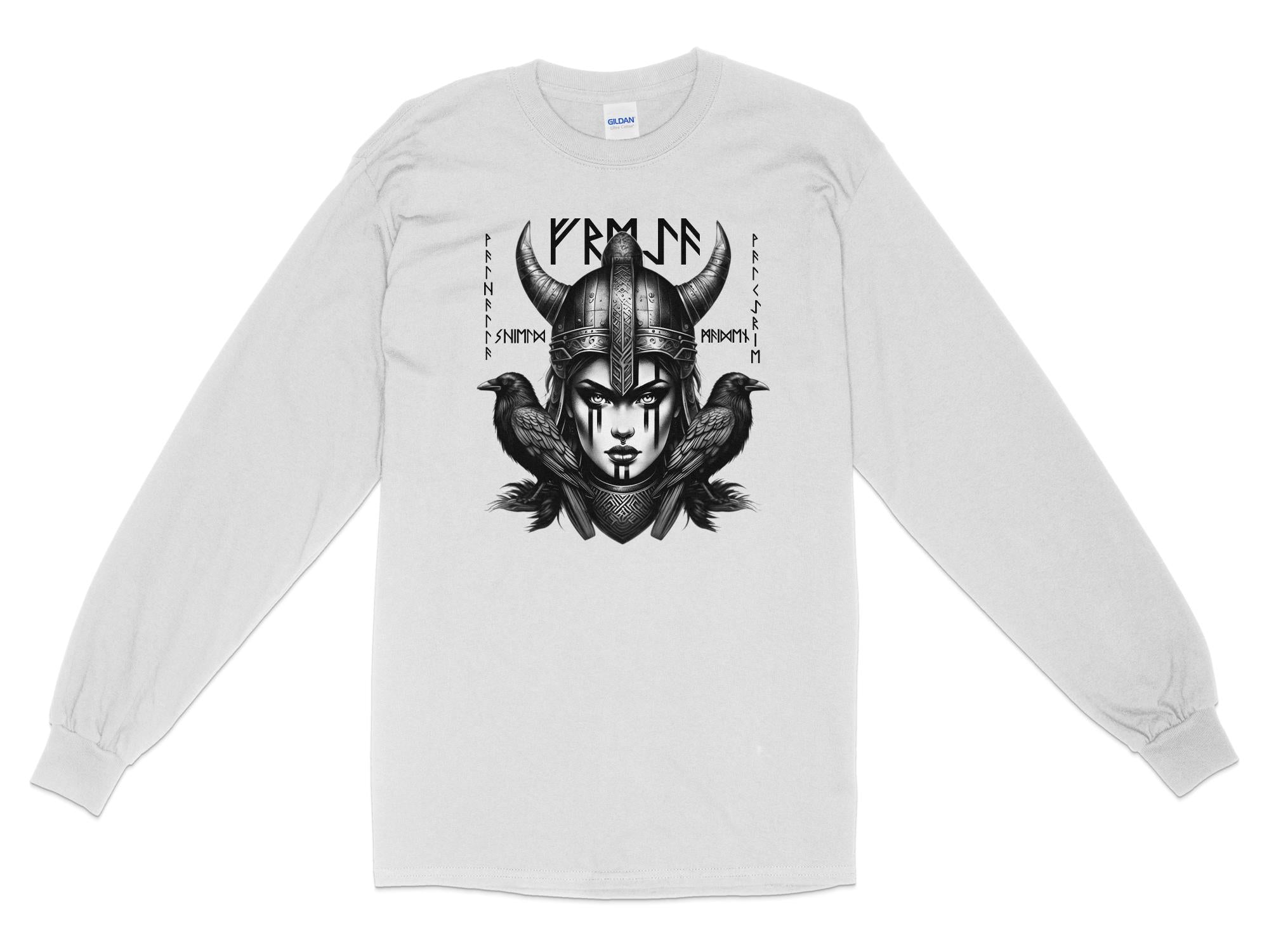 Viking Shield Maiden - Coloured Gildan Long Sleeve Realistic Norse Talisman Men Women Unisex Valhalla Tee Graphic Design