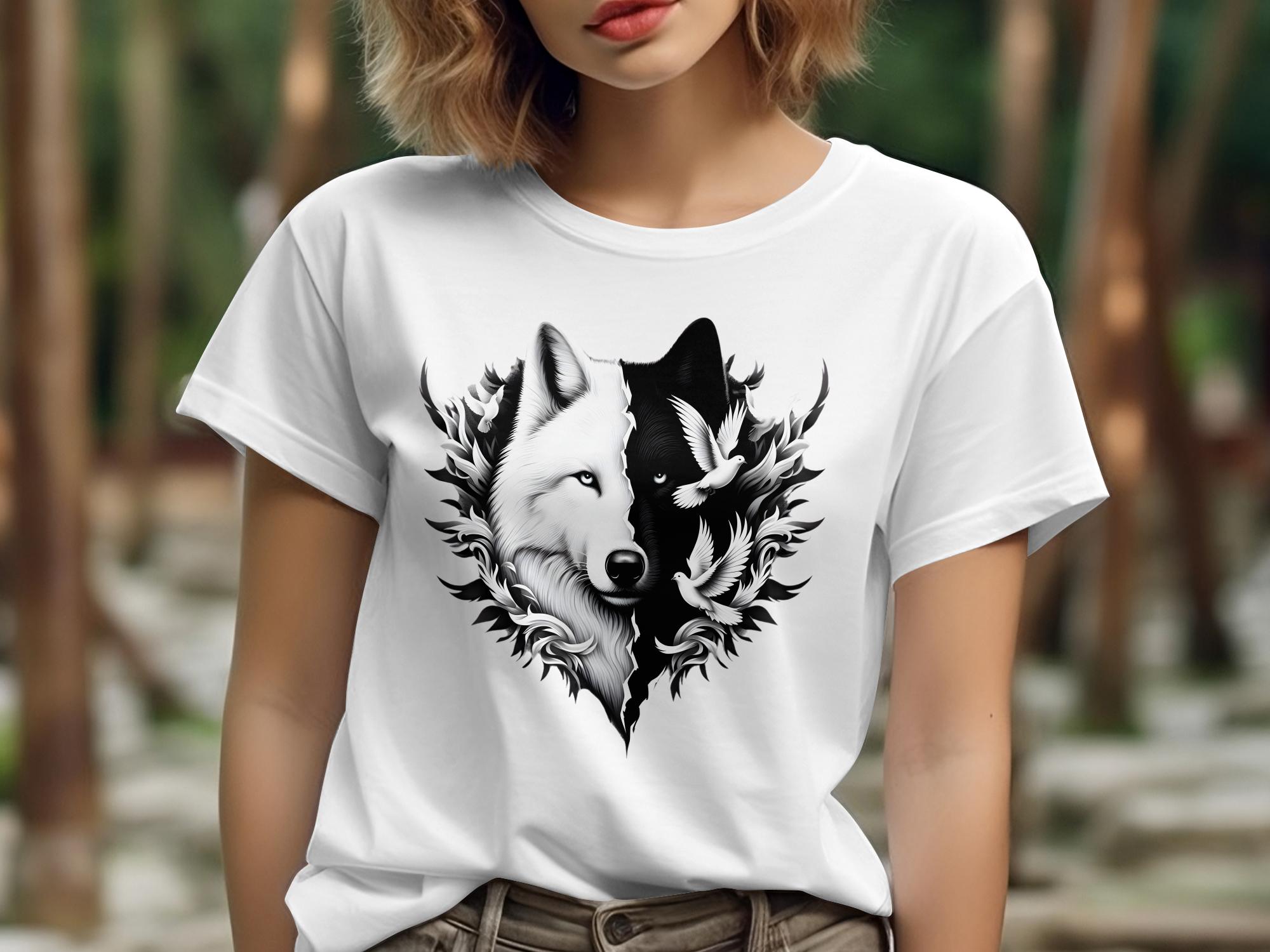 Wolf x Doves - Black White Gildan T-Shirt Realistic Animal Talisman Unisex Tee Graphic Design