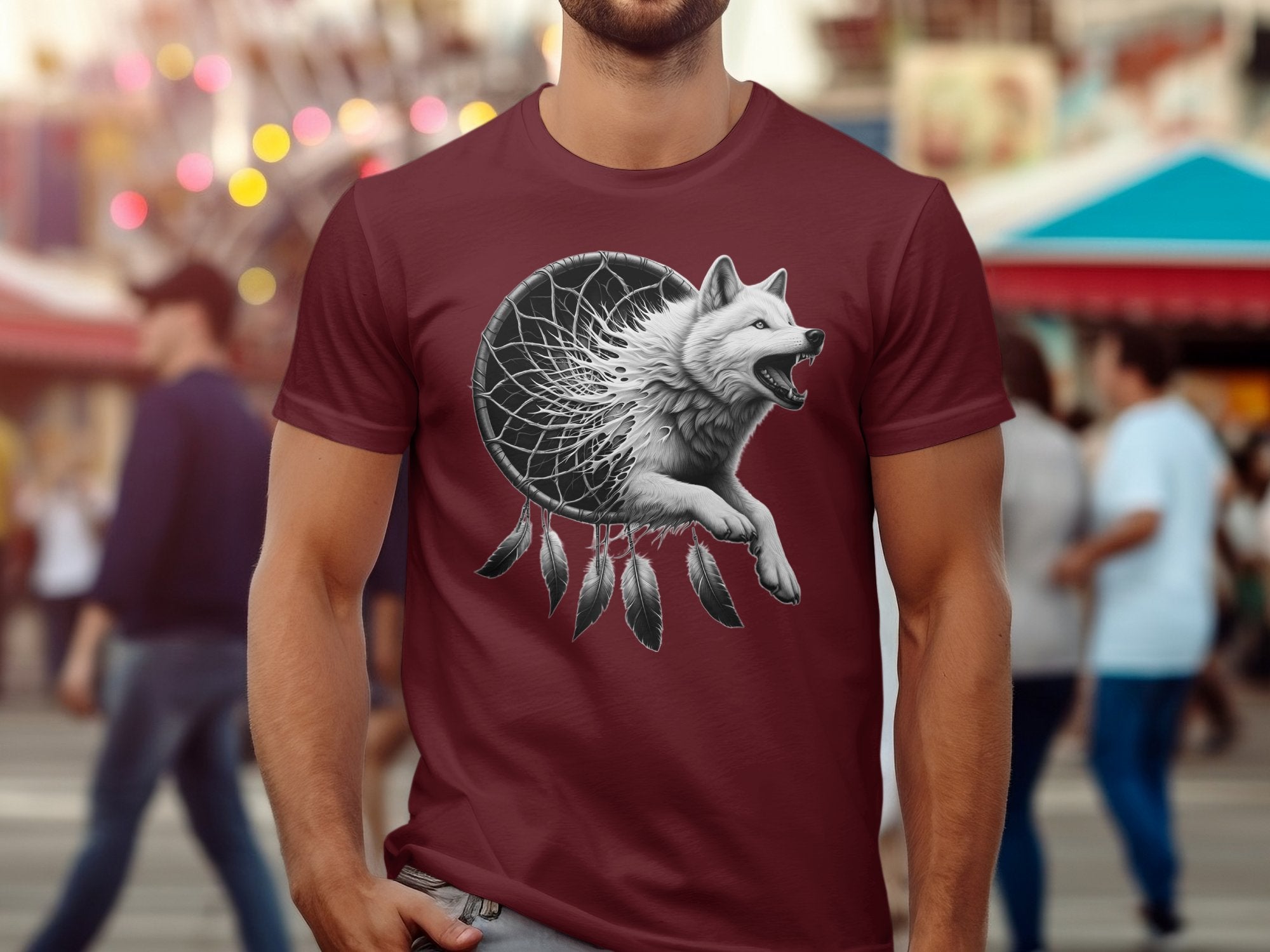 Dreamcatcher Wolf - Coloured Gildan T-Shirt Realistic Native American Talisman Unisex Mythology Tee Graphic Design