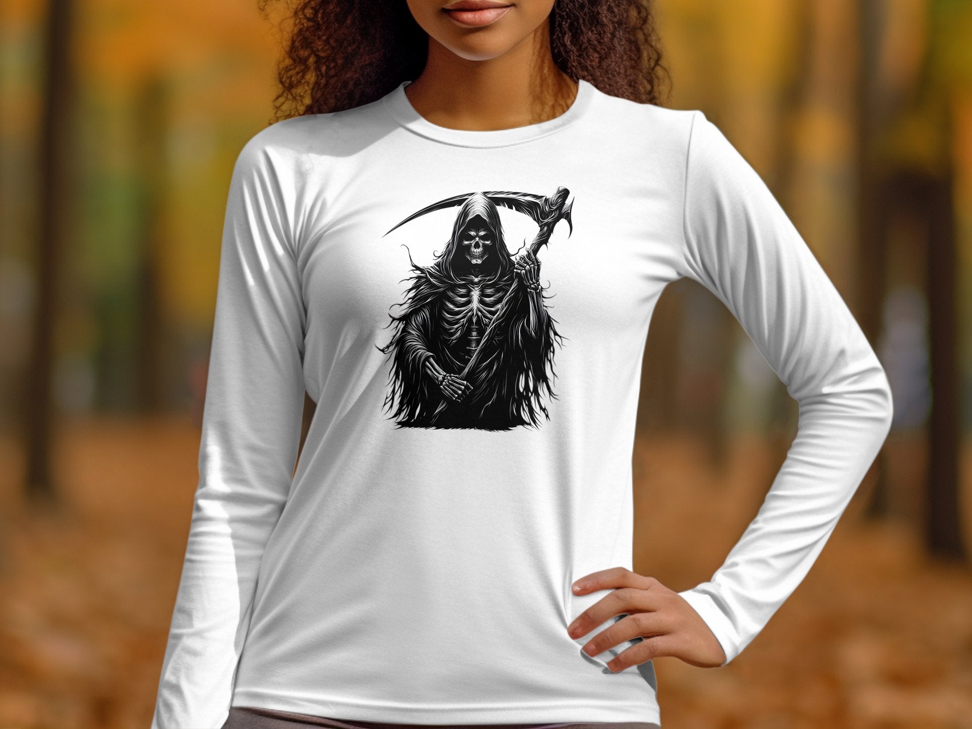 Grim Reaper - Black White Gildan Long Sleeve Commemorative Talisman Unisex Tee Graphic Design