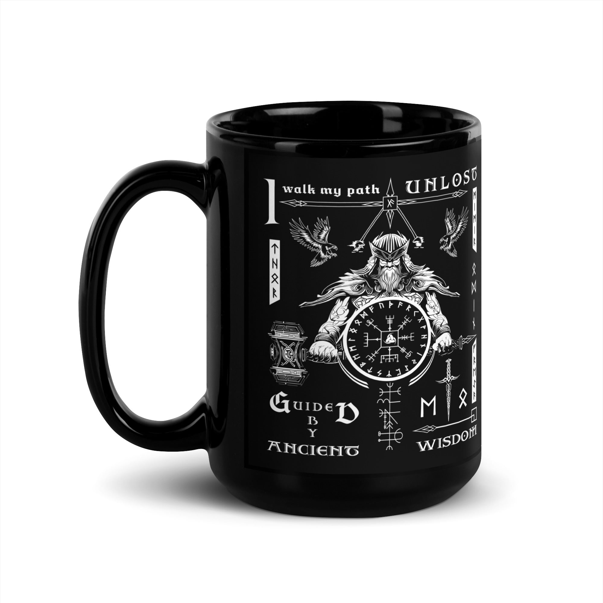 Black Glossy Viking Rune Compass Talisman Inspired Mug