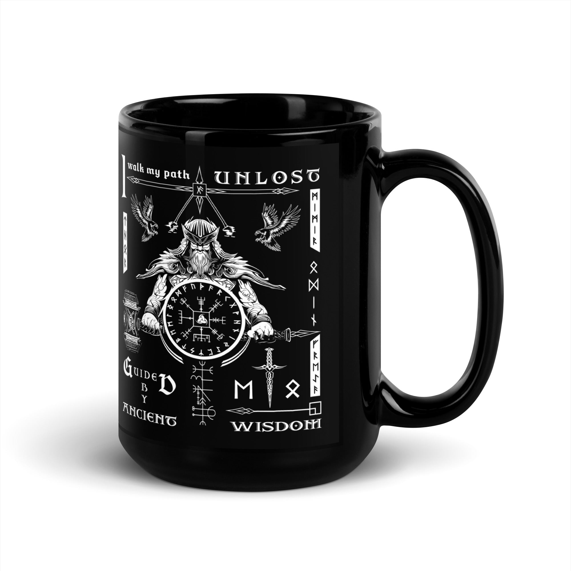 Black Glossy Viking Rune Compass Talisman Inspired Mug