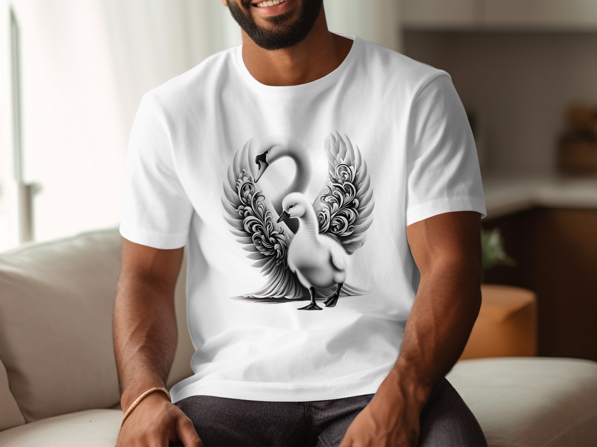 Swan & Cygnet- Black White Gildan T-Shirt Realistic Family Talisman Unisex Tee Graphic Design