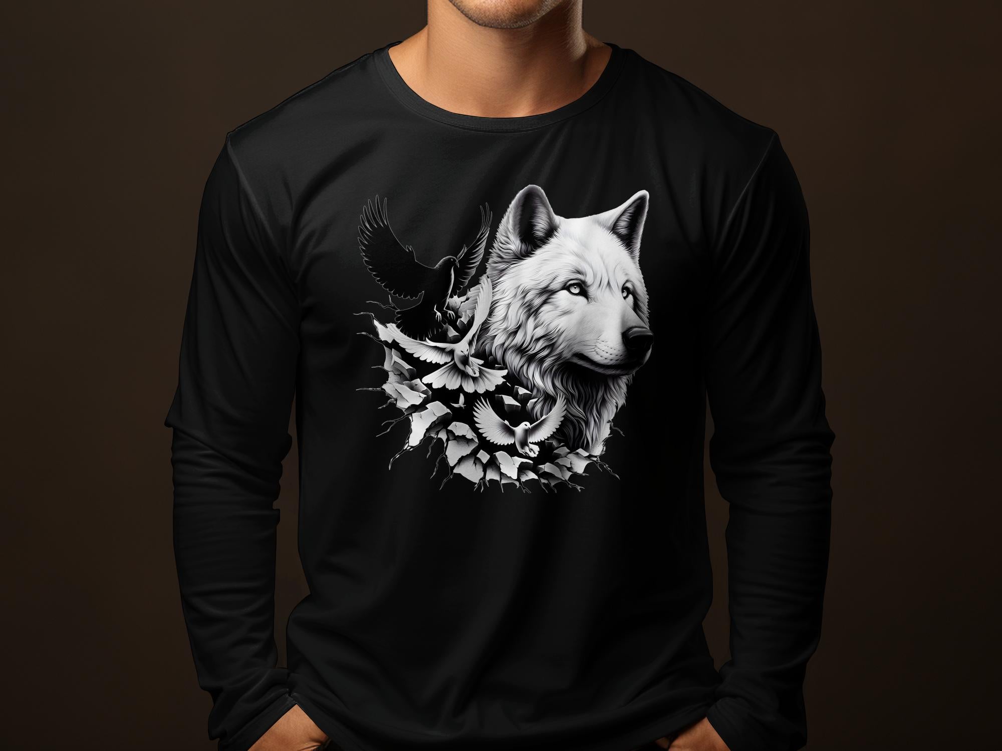 Wolf x Doves - Black White Gildan Long Sleeve Realistic Animal Talisman Unisex Tee Graphic Design