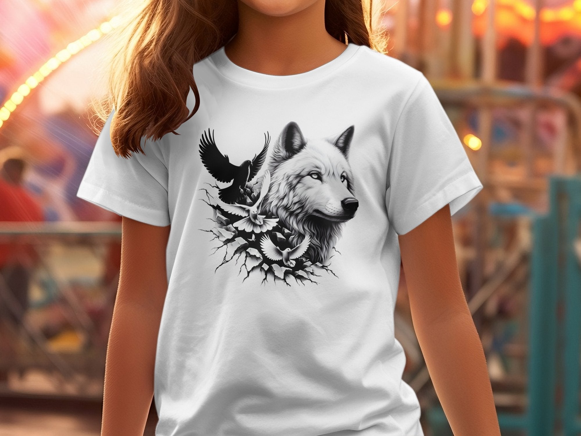 Wolf x Doves - Black White Gildan Kids T-Shirt Realistic Animal Talisman Unisex Tee Graphic Design