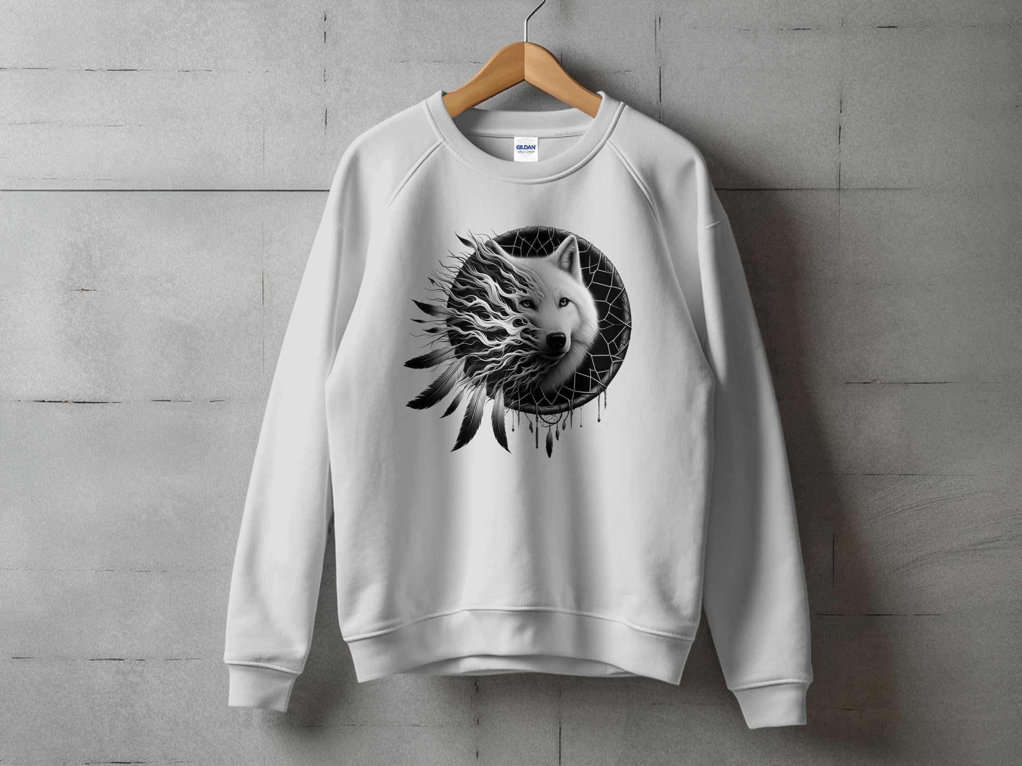 Dreamcatcher Wolf - Coloured Gildan Sweatshirt Realistic Native American Talisman Unisex Mythology Tee Graphic Design