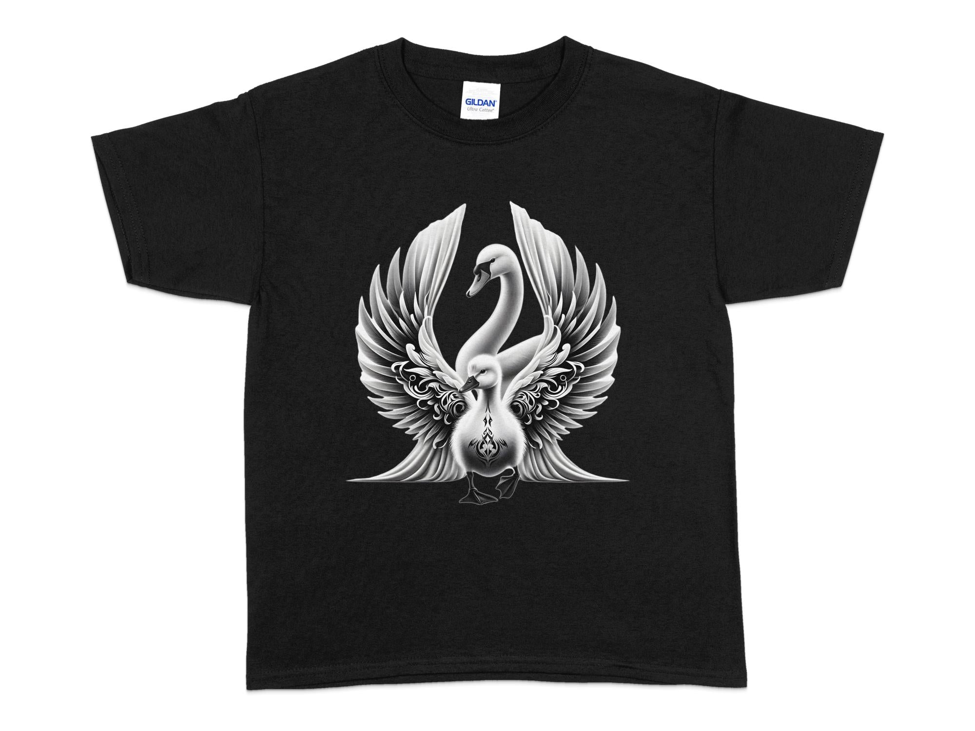 Swan & Cygnet- Black White Gildan Kids T-Shirt Realistic Family Talisman Unisex Tee Graphic Design