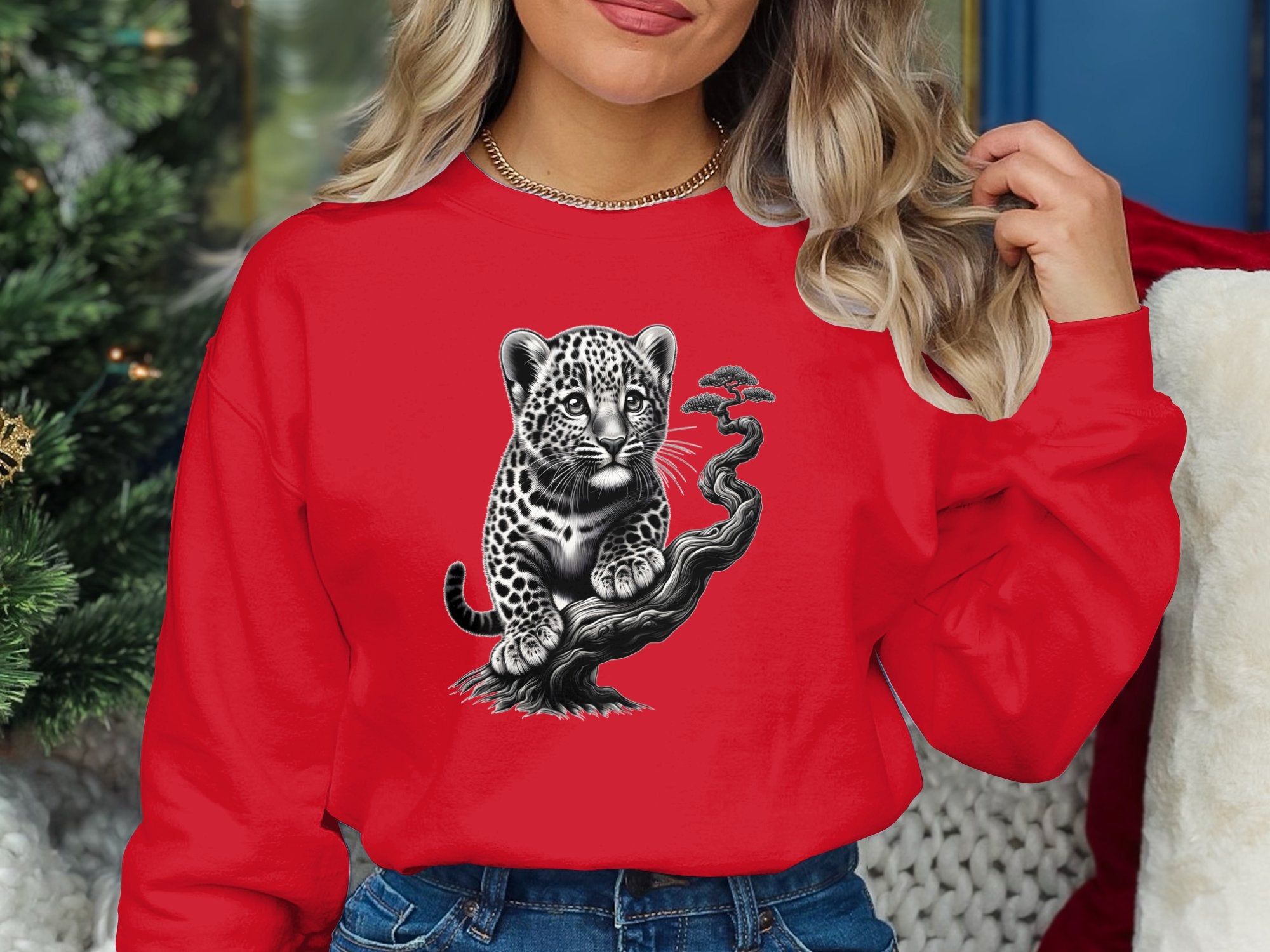 Leopard Bonsai - Coloured Gildan Sweatshirt Realistic Animal Talisman Unisex Cute Tee Graphic Design