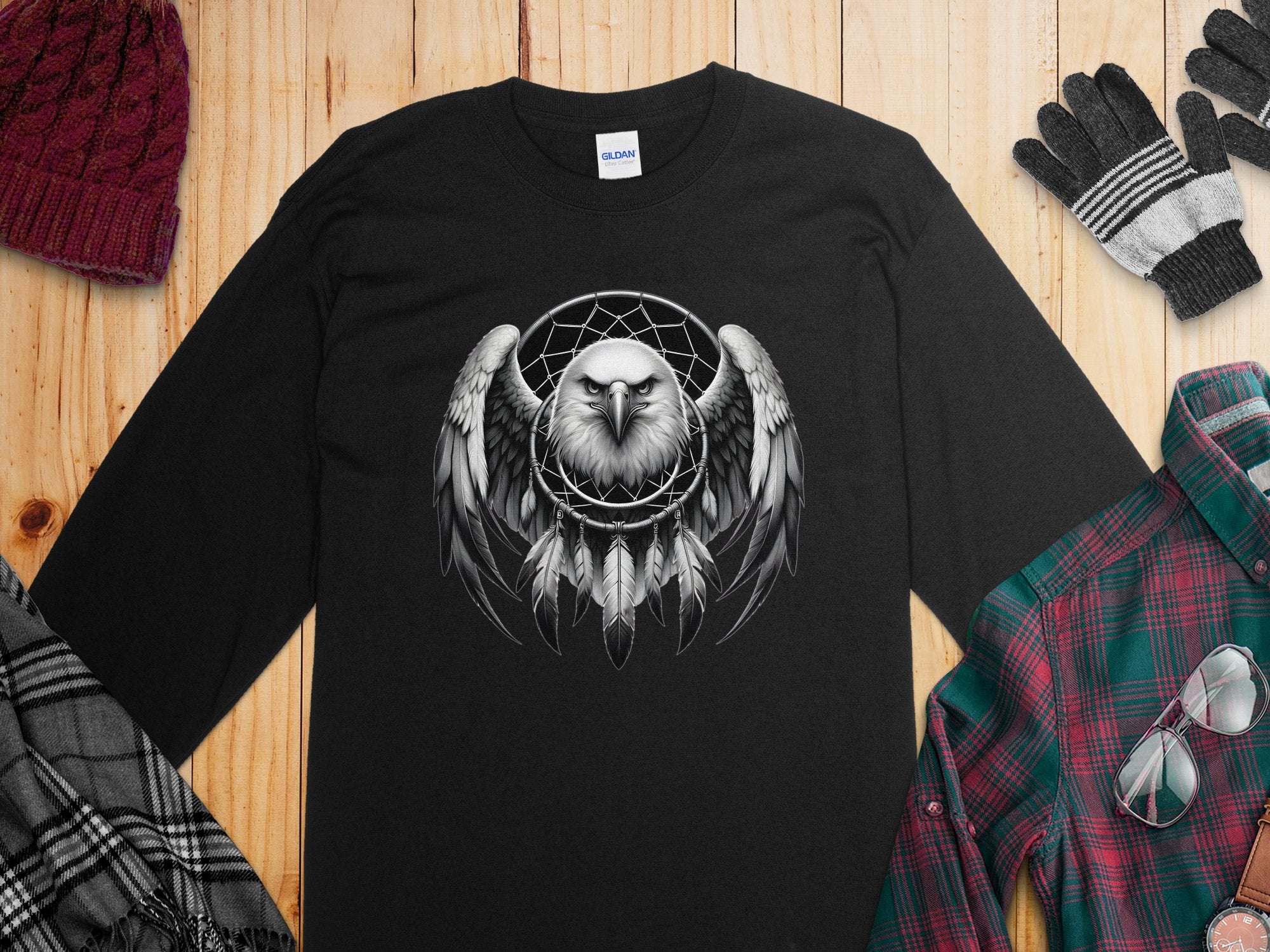 Dreamcatcher Eagle - Coloured Gildan Long Sleeve Realistic Native American Talisman Unisex Mythology Tee Graphic Design