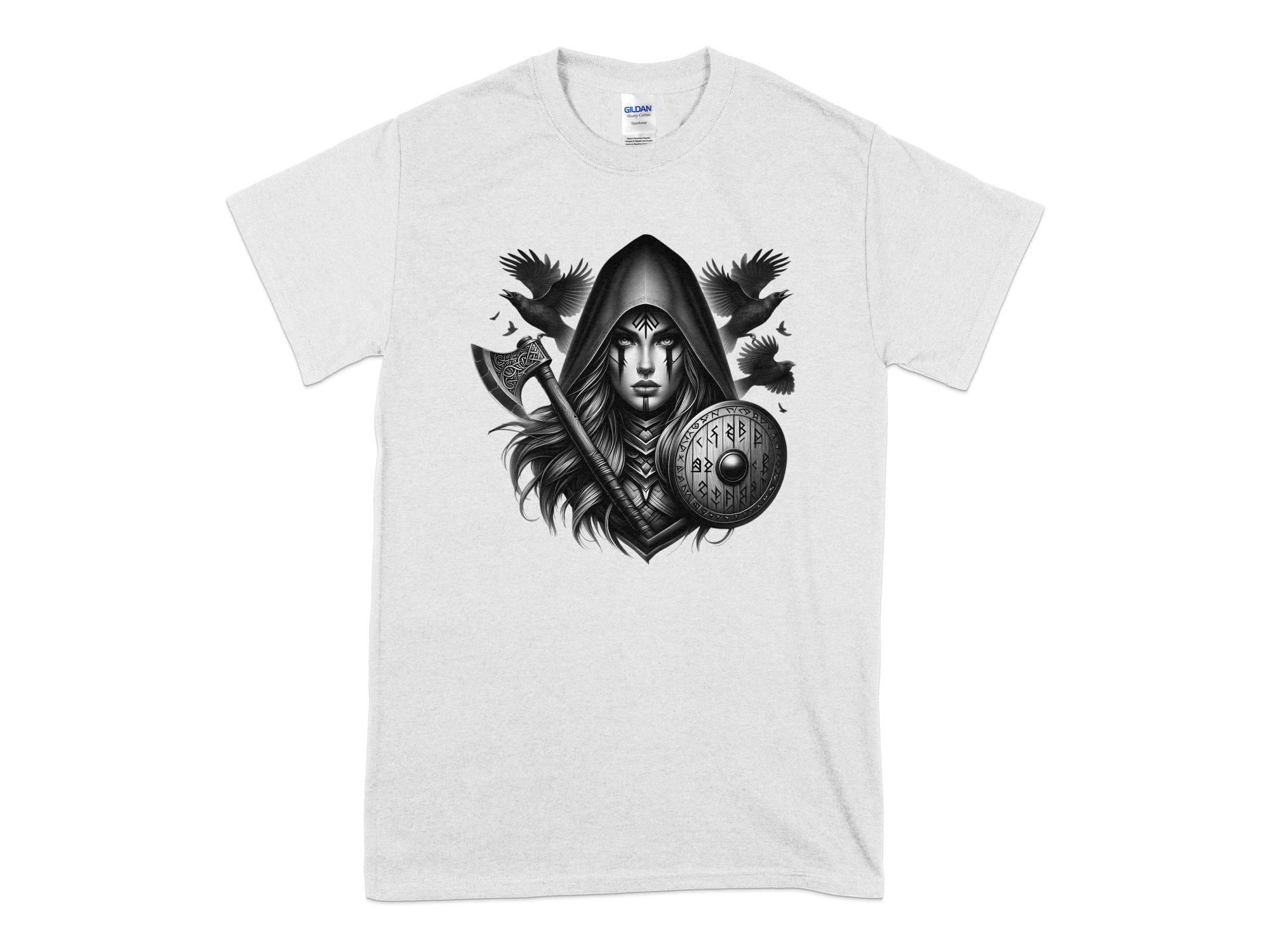 Viking Shield Maiden - Coloured Gildan T Shirt Realistic Norse Talisman Men Women Unisex Valhalla Tee Graphic Design