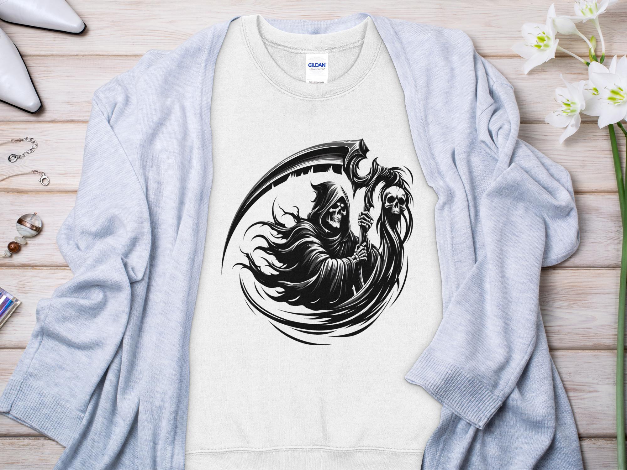 Grim Reaper - Black White Gildan Sweatshirt Commemorative Talisman Unisex Tee Graphic Design