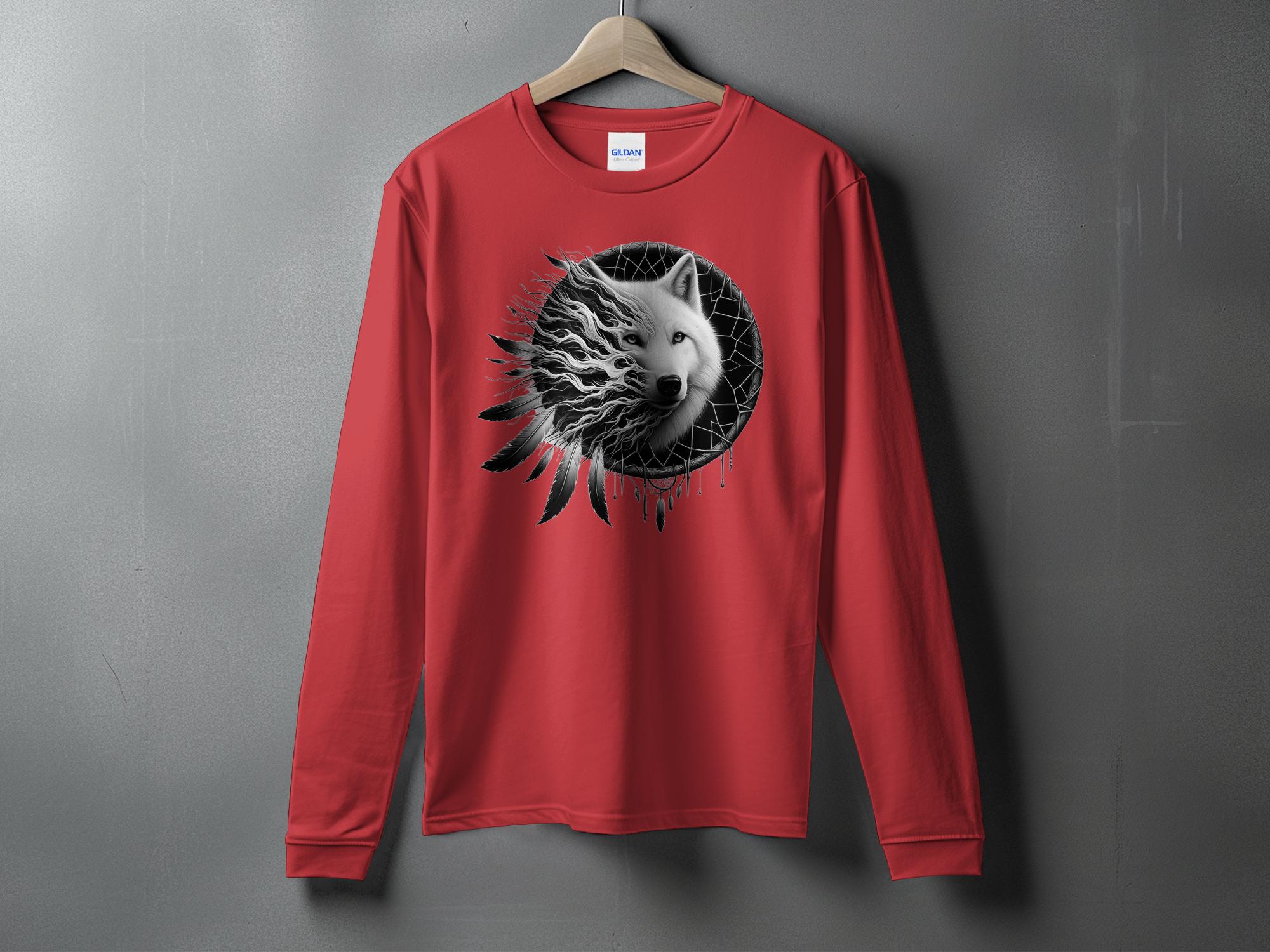 Dreamcatcher Wolf - Coloured Gildan Long Sleeve Realistic Native American Talisman Unisex Mythology Tee Graphic Design