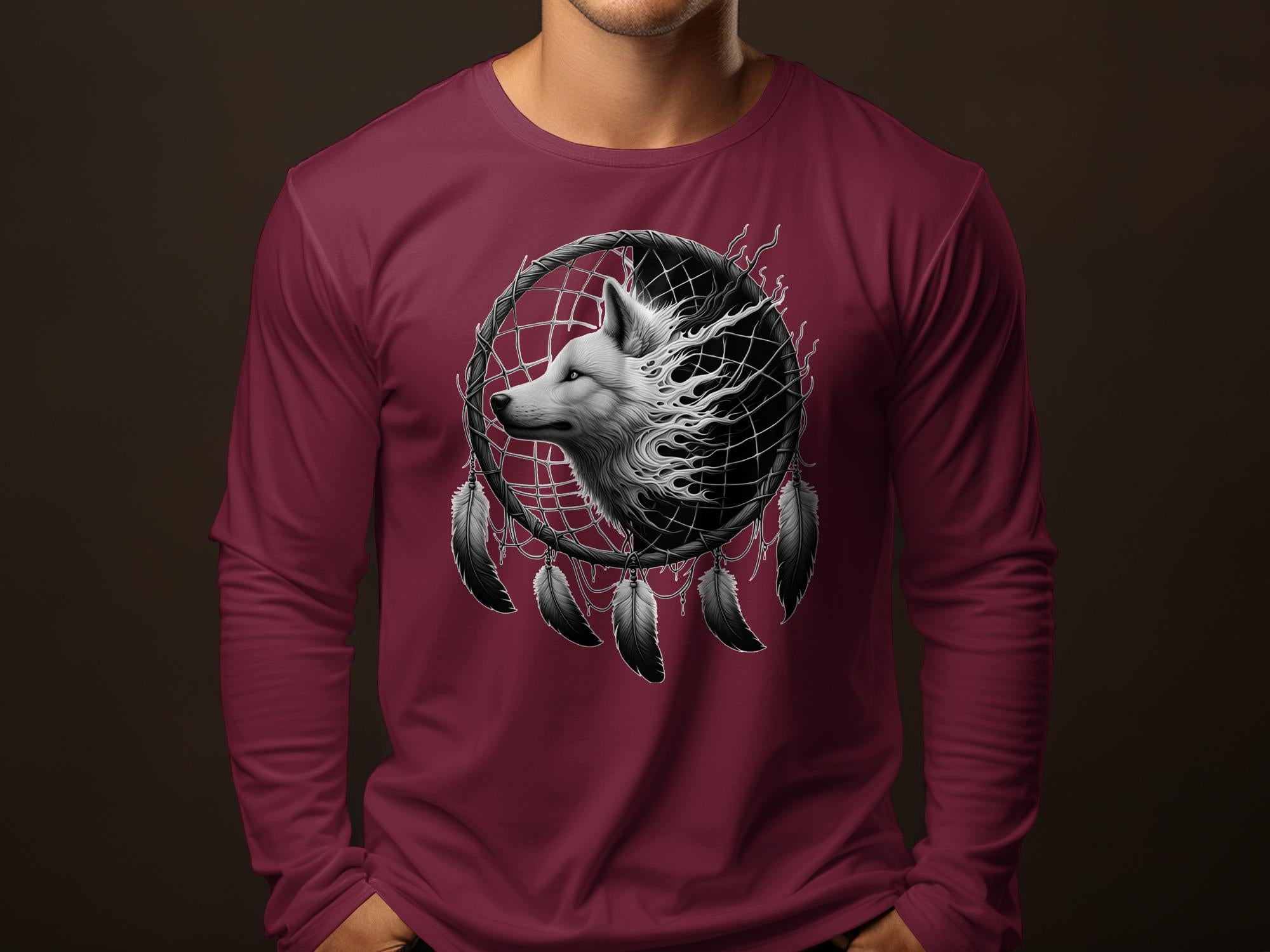 Dreamcatcher Wolf - Coloured Gildan Long Sleeve Realistic Native American Talisman Unisex Mythology Tee Graphic Design