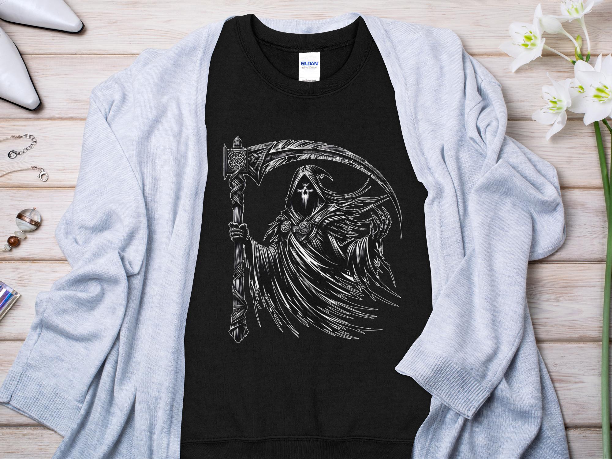 Grim Reaper - Black White Gildan Sweatshirt Commemorative Talisman Unisex Tee Graphic Design