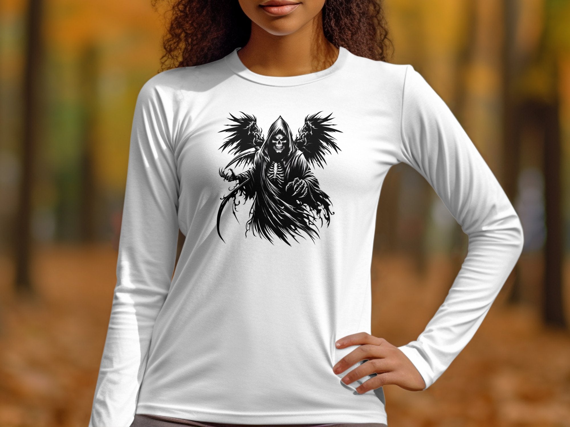 Grim Reaper - Black White Gildan Long Sleeve Commemorative Talisman Unisex Tee Graphic Design