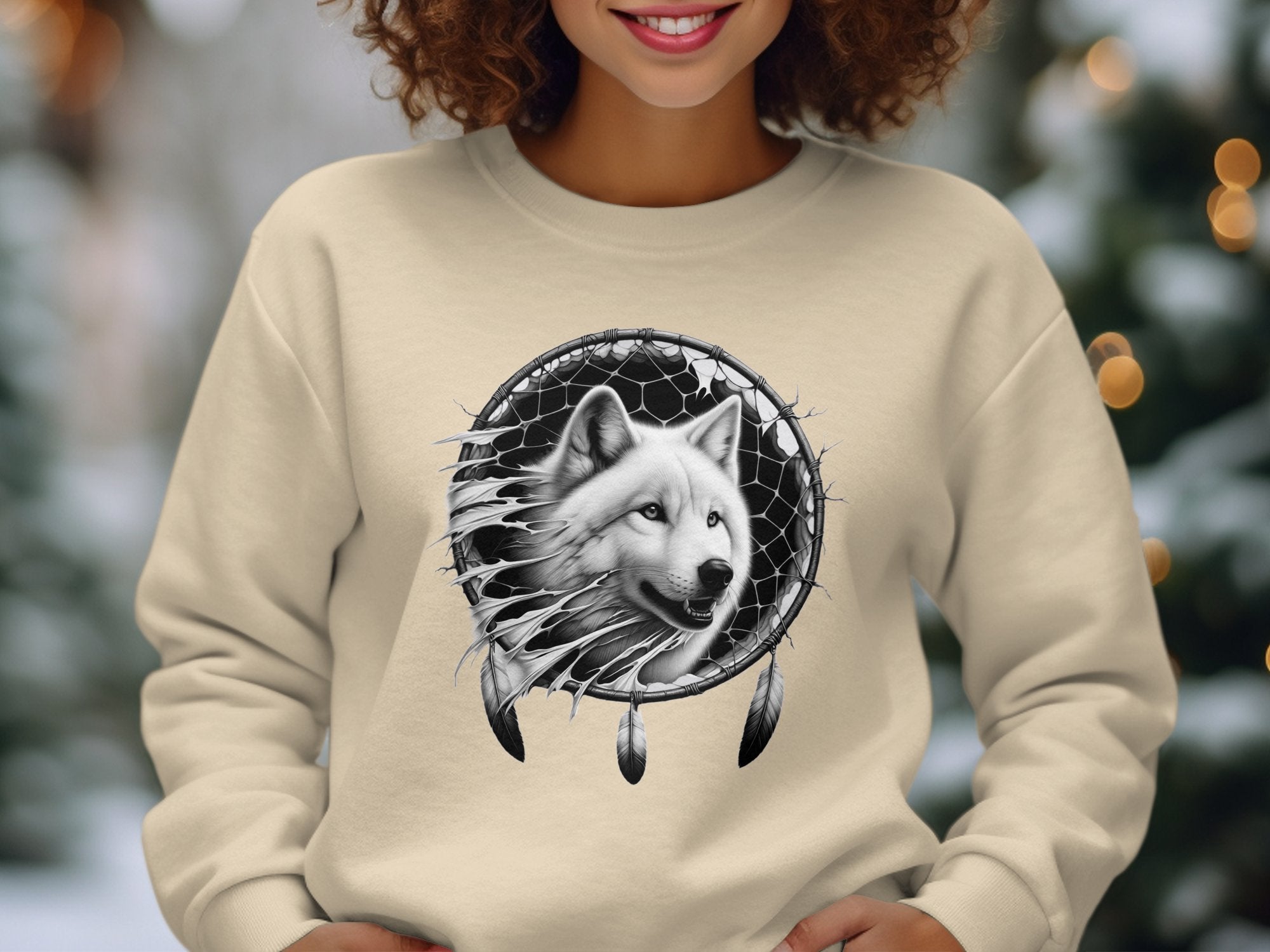 Dreamcatcher Wolf - Coloured Gildan Sweatshirt Realistic Native American Talisman Unisex Mythology Tee Graphic Design