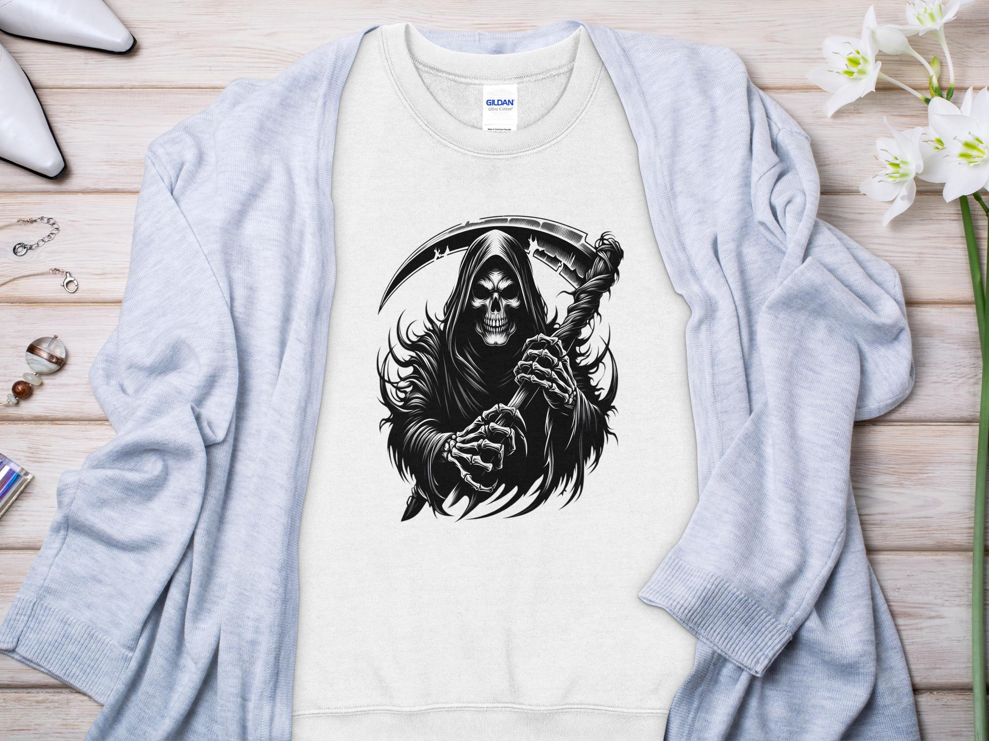 Grim Reaper - Black White Gildan Sweatshirt Commemorative Talisman Unisex Tee Graphic Design