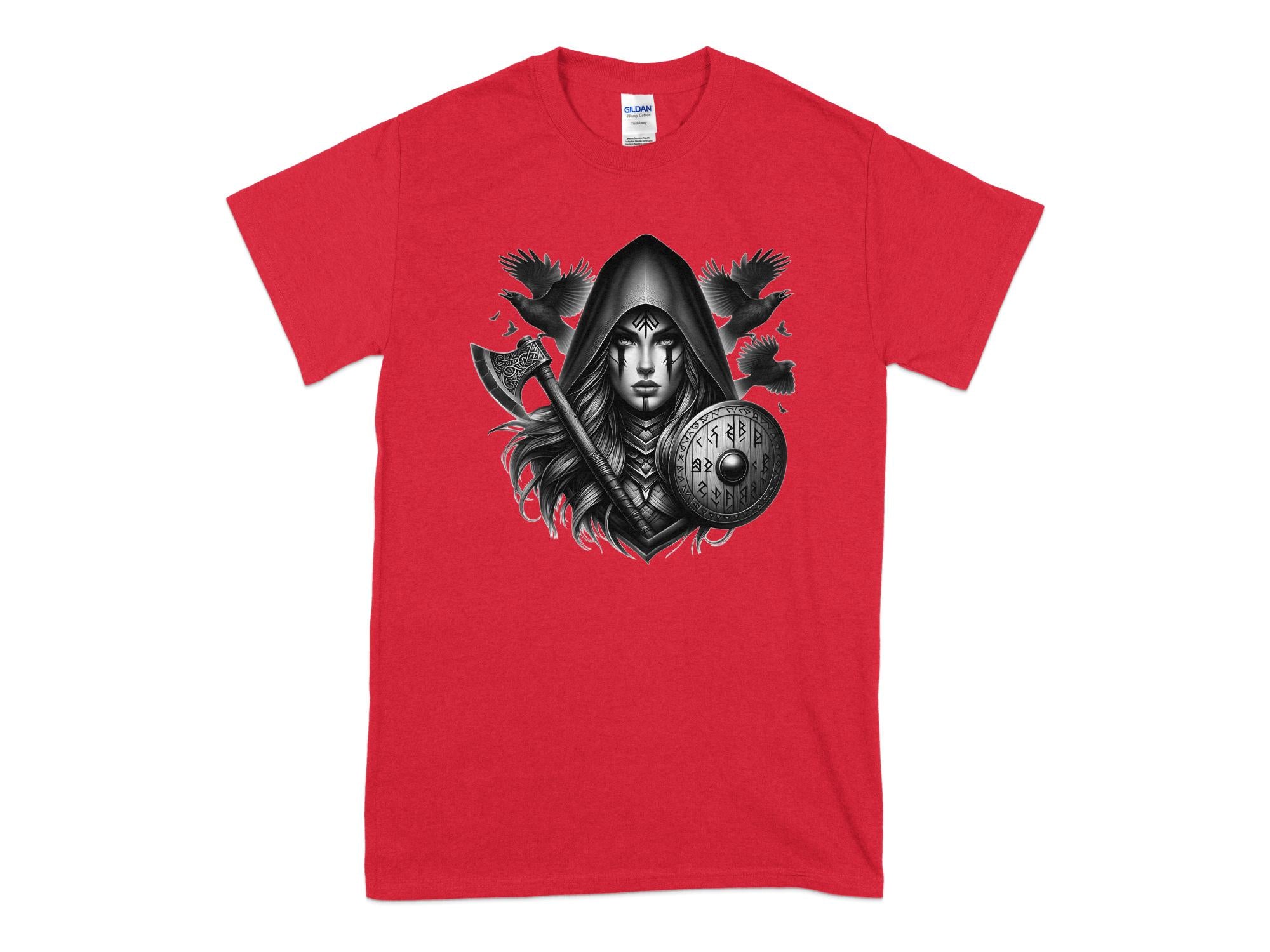 Viking Shield Maiden - Coloured Gildan T Shirt Realistic Norse Talisman Men Women Unisex Valhalla Tee Graphic Design