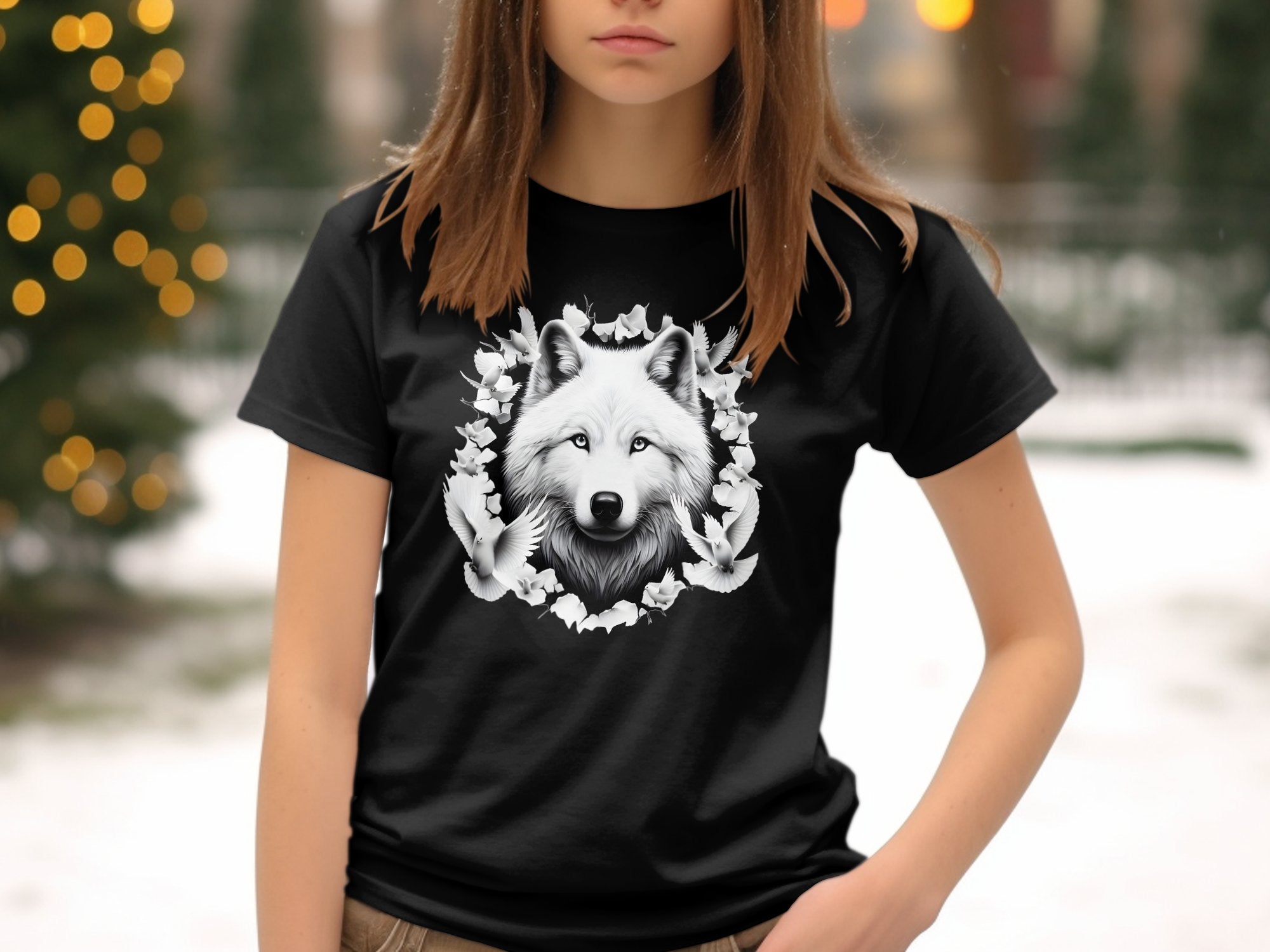 Wolf x Doves - Black White Gildan Kids T-Shirt Realistic Animal Talisman Unisex Tee Graphic Design