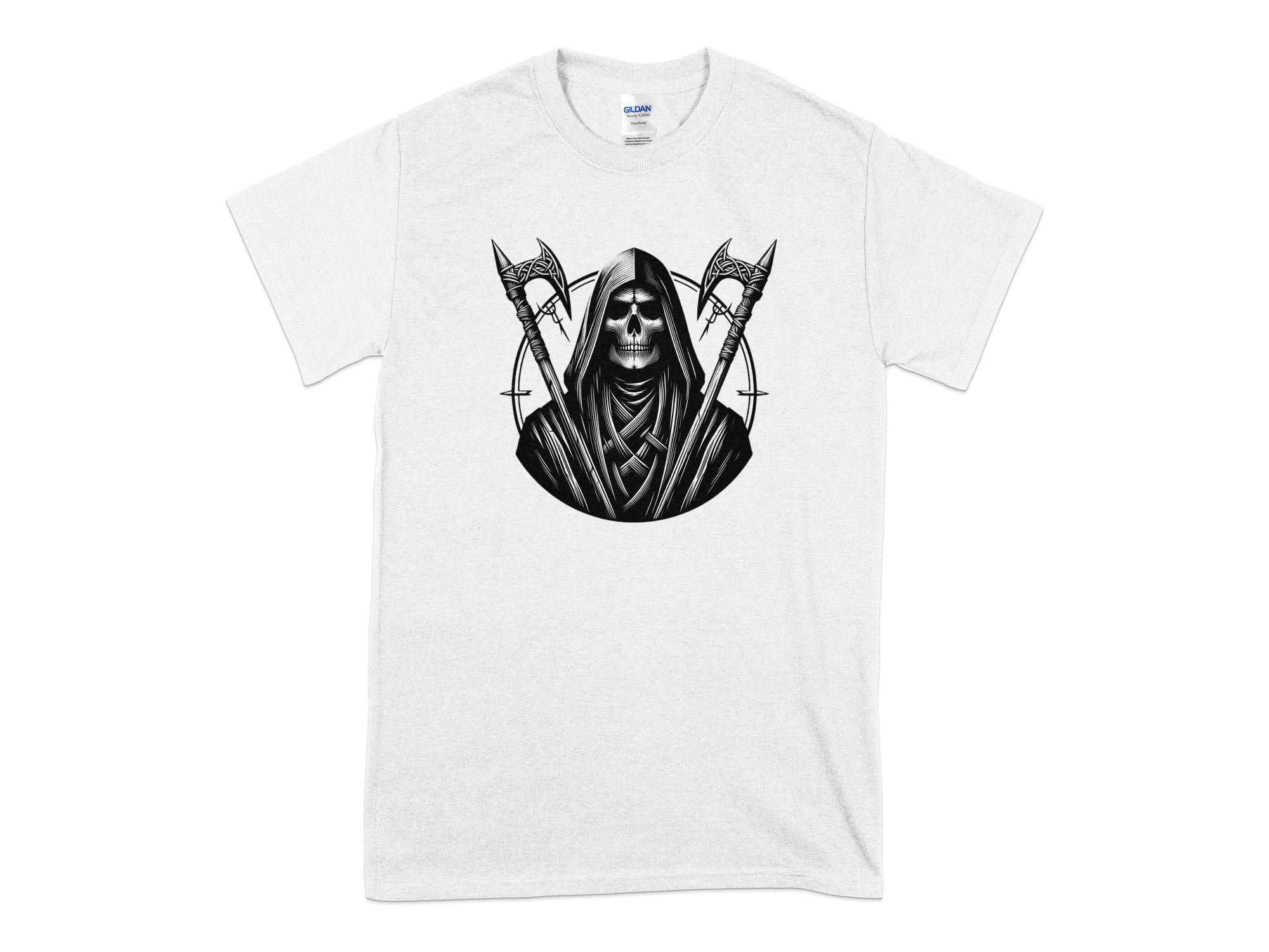 Grim Reaper - Black White Gildan T-Shirt Commemorative Talisman Unisex Tee Graphic Design