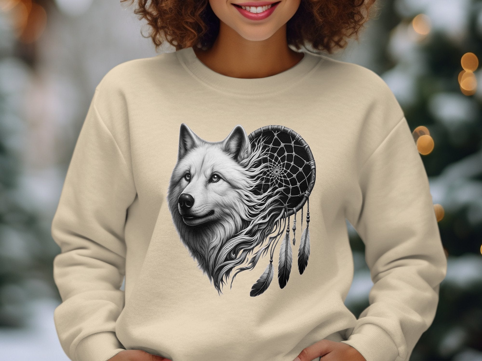 Dreamcatcher Wolf - Coloured Gildan Sweatshirt Realistic Native American Talisman Unisex Mythology Tee Graphic Design