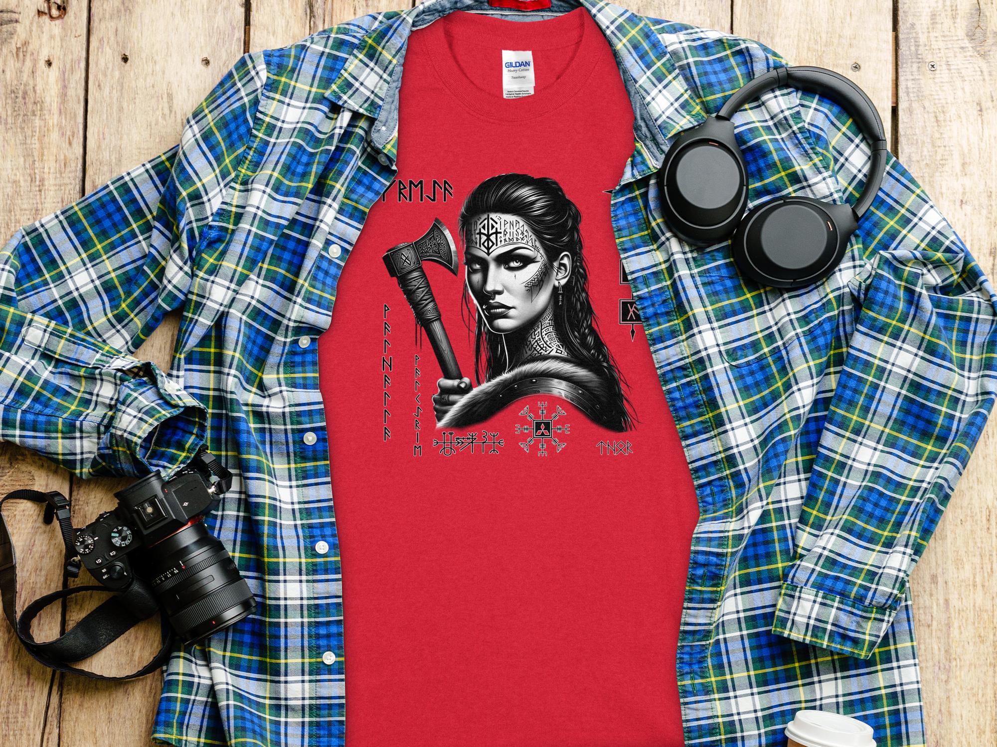 Viking Shield Maiden - Coloured Gildan T Shirt Realistic Norse Talisman Men Women Unisex Valhalla Tee Graphic Design