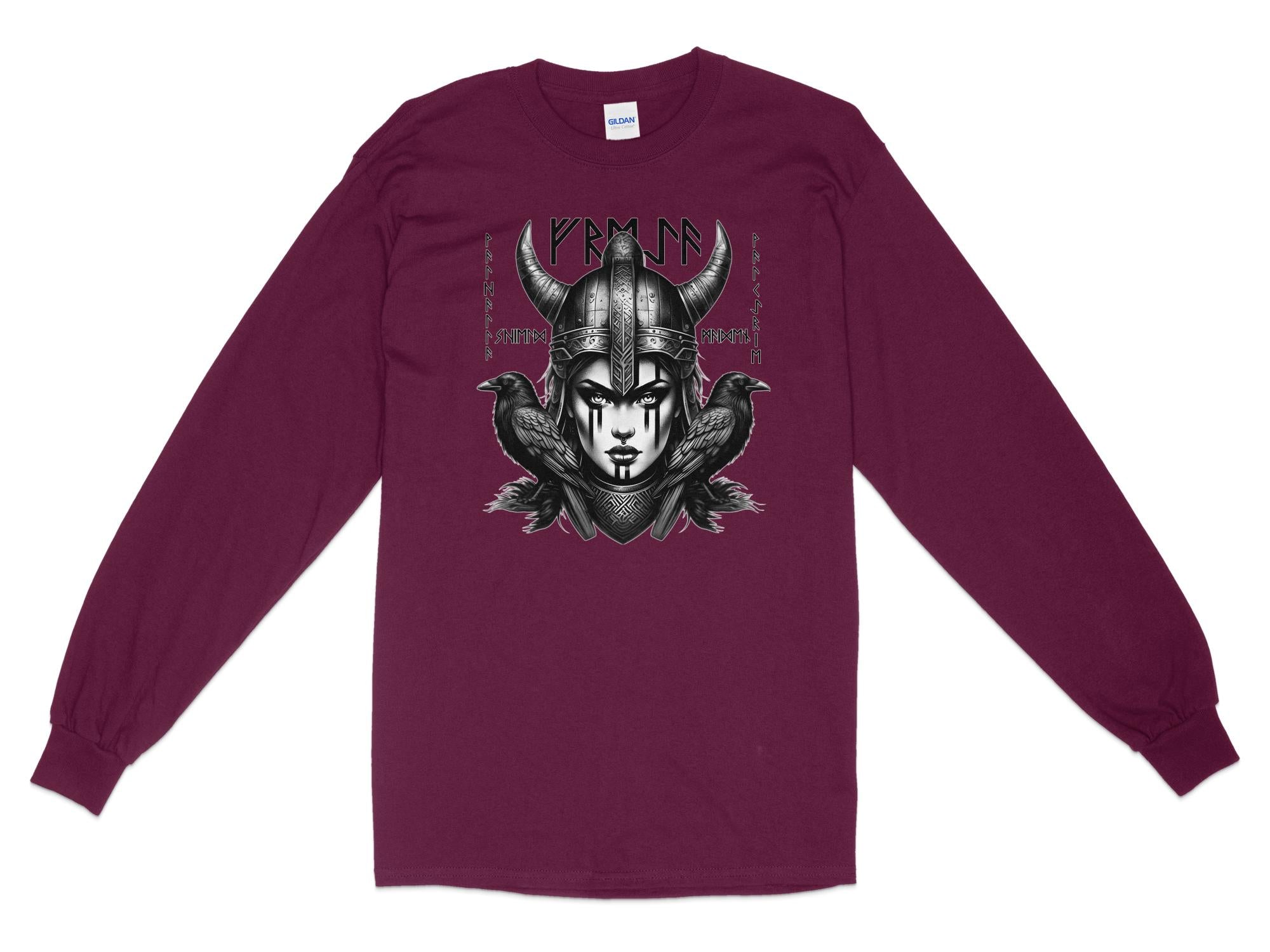 Viking Shield Maiden - Coloured Gildan Long Sleeve Realistic Norse Talisman Men Women Unisex Valhalla Tee Graphic Design