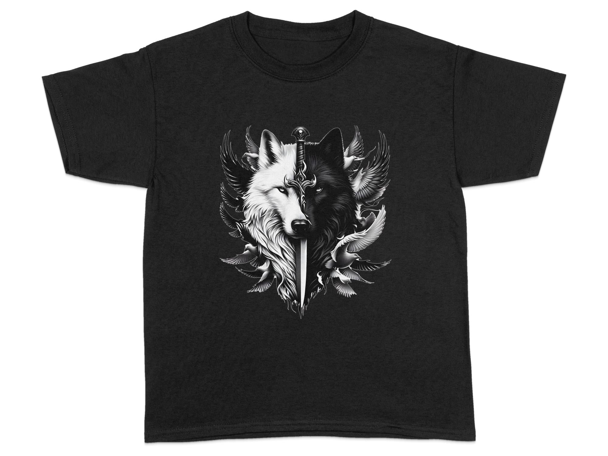 Wolf x Doves - Black White Gildan Kids T-Shirt Realistic Animal Talisman Unisex Tee Graphic Design