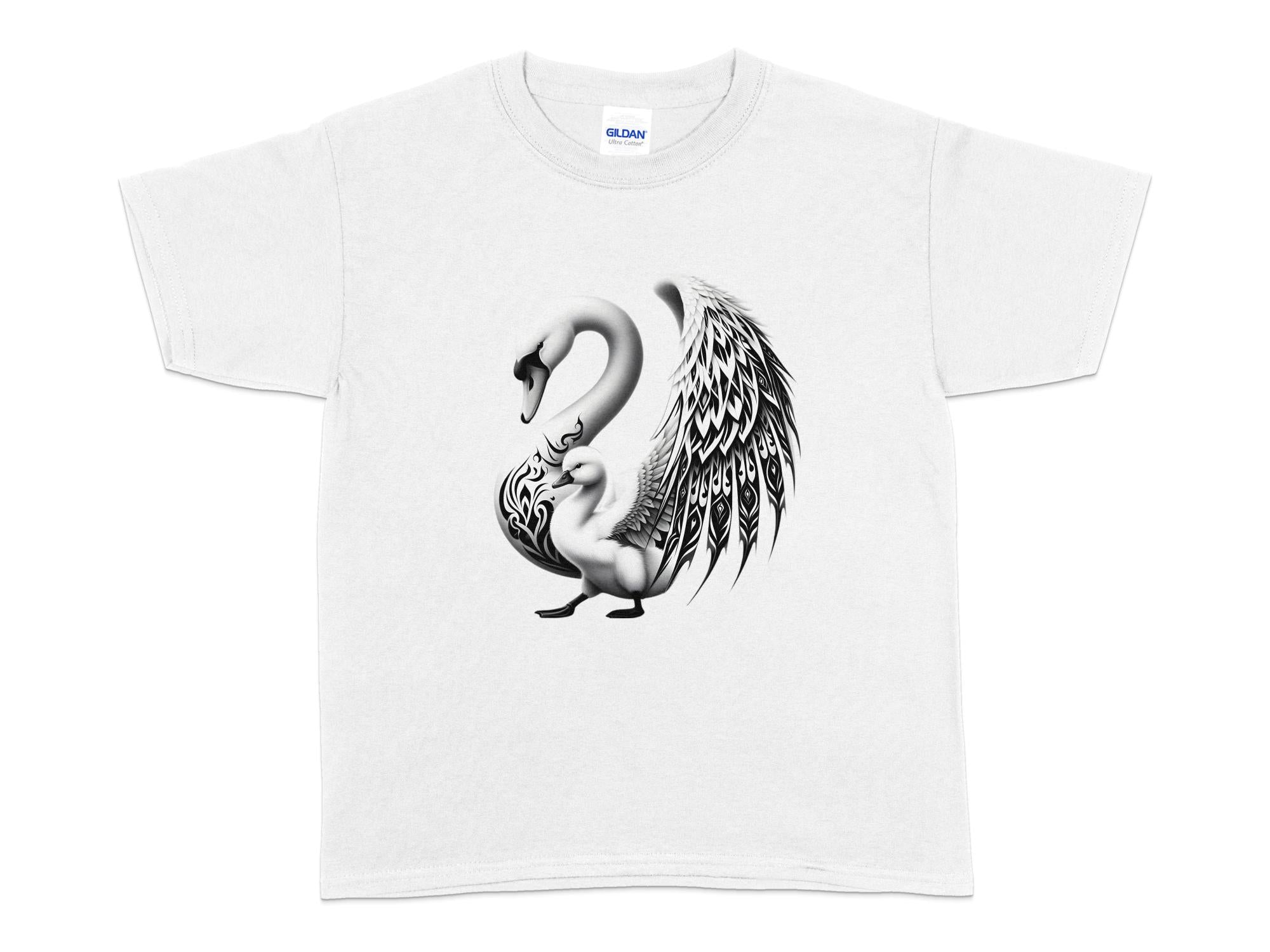 Swan & Cygnet- Black White Gildan Kids T-Shirt Realistic Family Talisman Unisex Tee Graphic Design