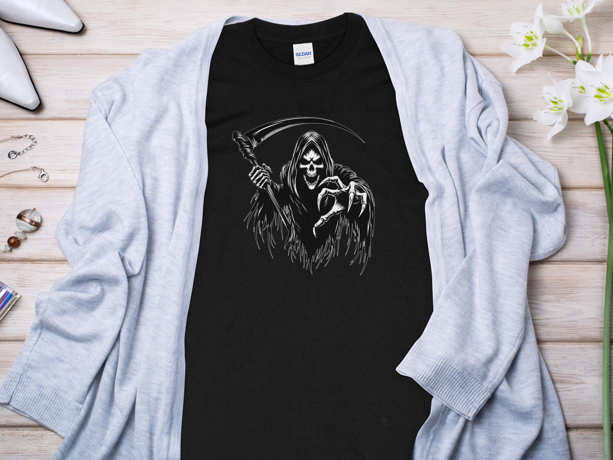 Grim Reaper - Black White Gildan Long Sleeve Commemorative Talisman Unisex Tee Graphic Design