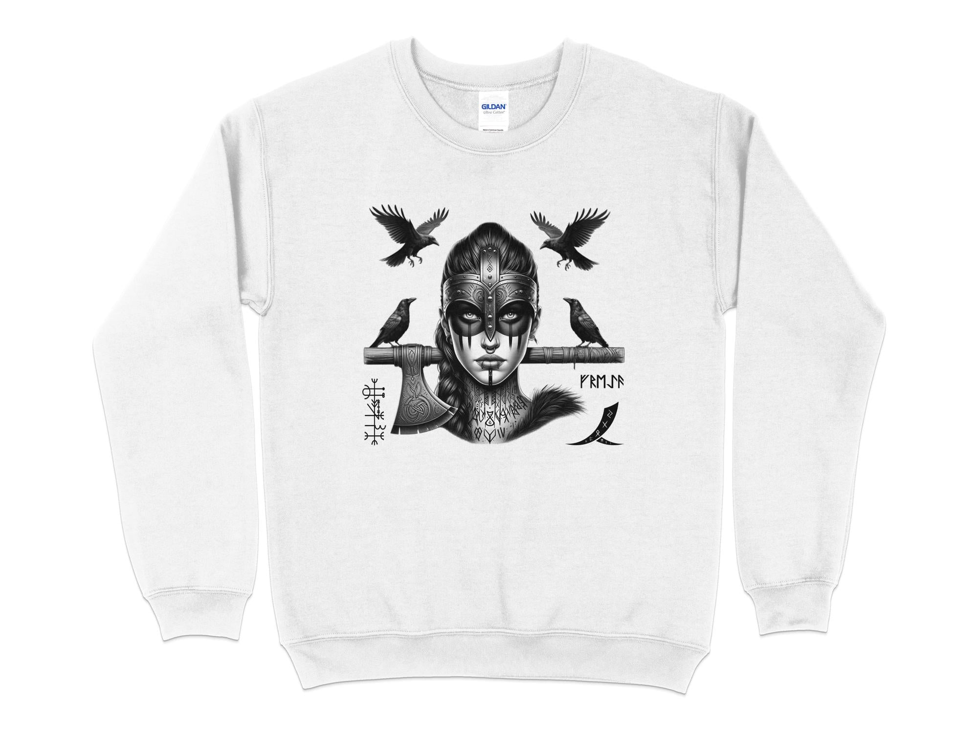 Viking Shield Maiden - Coloured Gildan Sweatshirt Realistic Norse Talisman Men Women Unisex Valhalla Tee Graphic Design