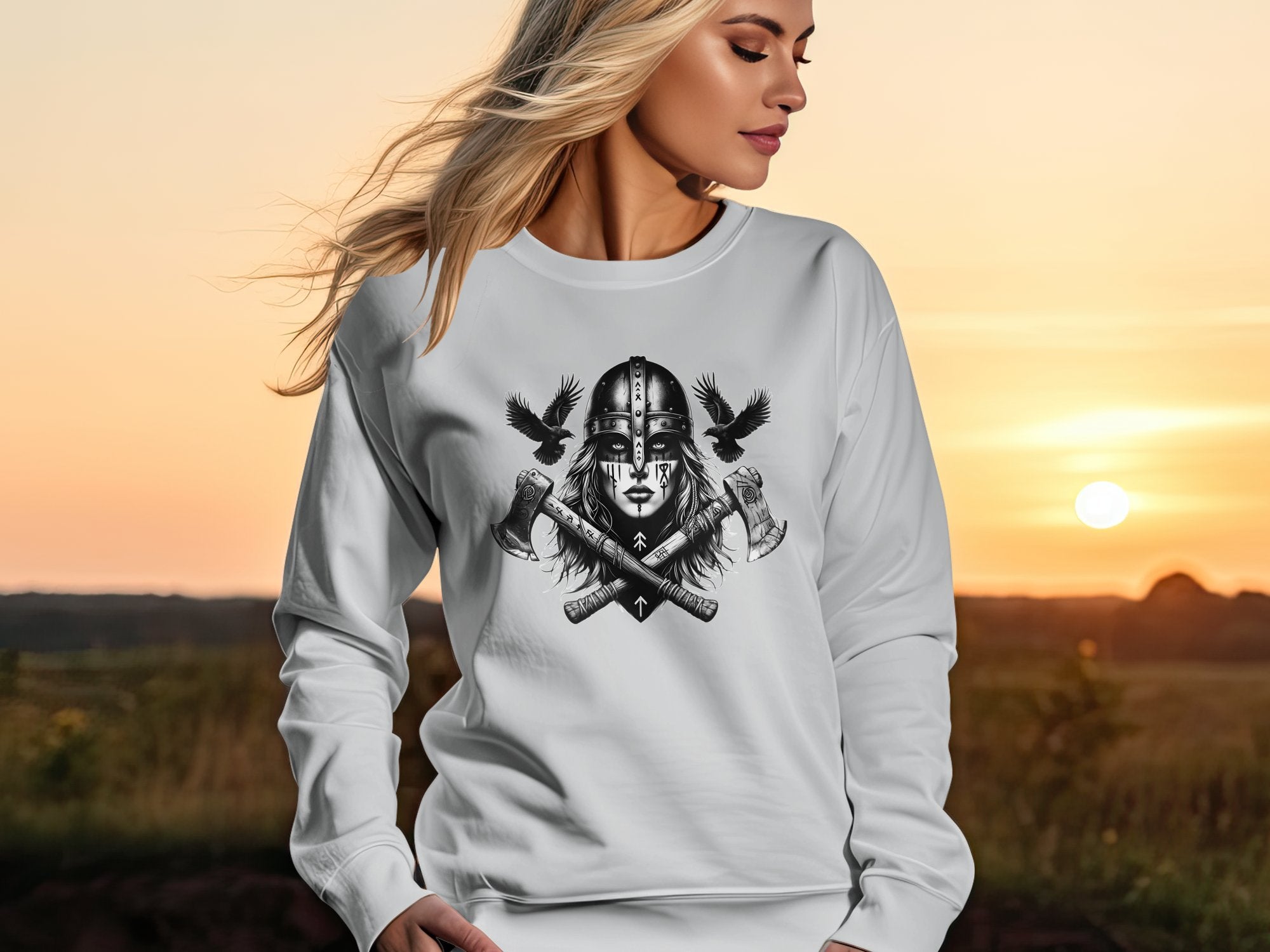 Viking Shield Maiden - Coloured Gildan Sweatshirt Realistic Norse Talisman Men Women Unisex Valhalla Tee Graphic Design