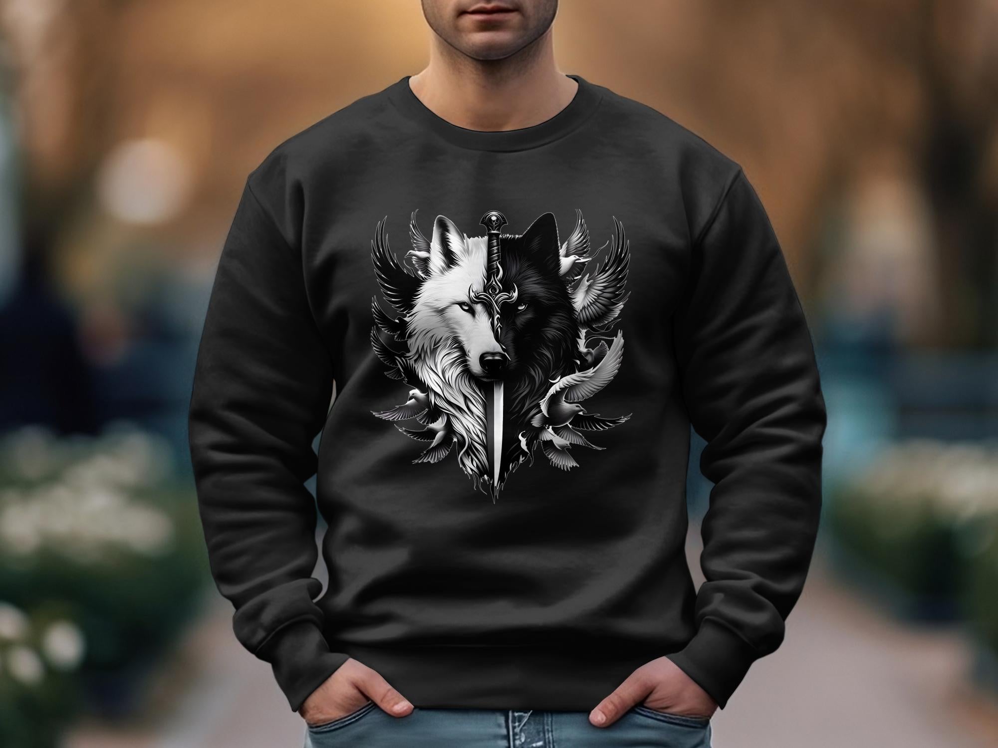 Wolf x Doves - Black White Gildan Sweatshirt Realistic Animal Talisman Unisex Tee Graphic Design